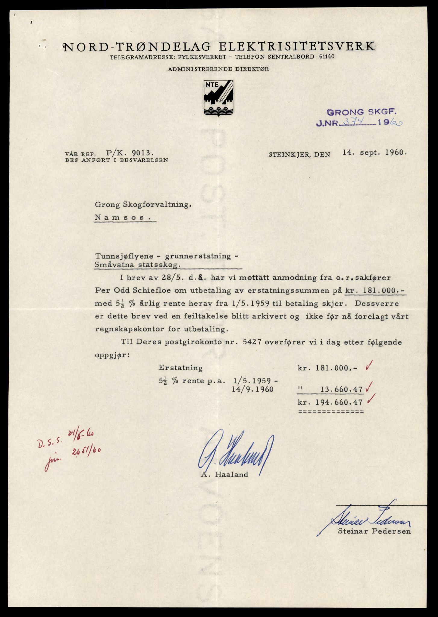 Statskog Trøndelag / Møre, AV/SAT-A-4532/1/D/Da/L0336/0007: Sakarkiv / Vassdragsreguleringer m.m. - Kraftverkene Øvre Namsen, diverse (grunnerstatninger), 1957-1963, s. 12