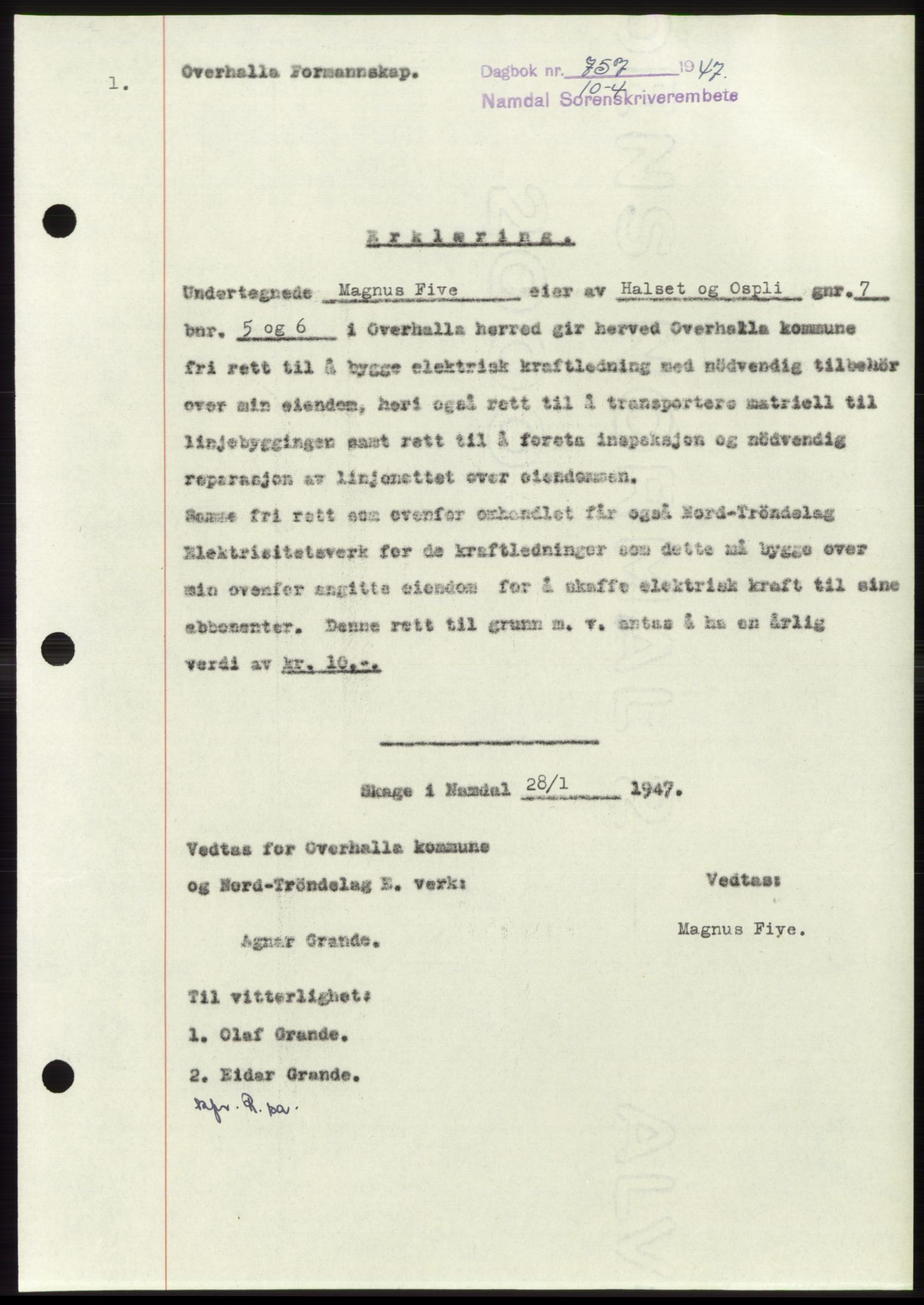Namdal sorenskriveri, SAT/A-4133/1/2/2C: Pantebok nr. -, 1947-1947, Dagboknr: 757/1947