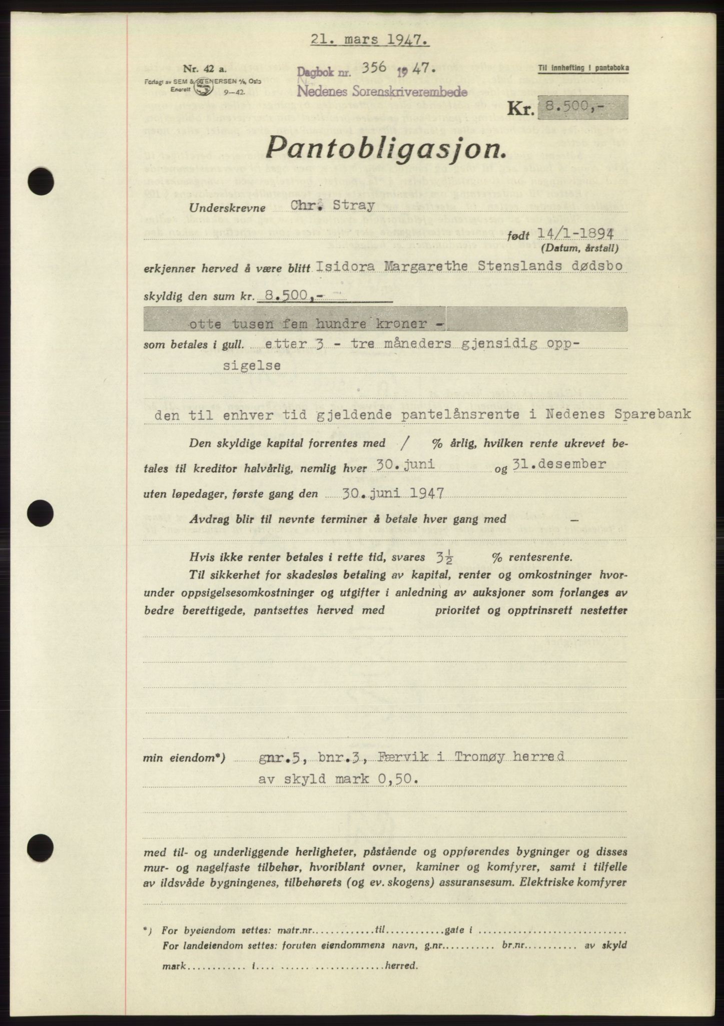 Nedenes sorenskriveri, SAK/1221-0006/G/Gb/Gbb/L0004: Pantebok nr. B4, 1947-1947, Dagboknr: 356/1947