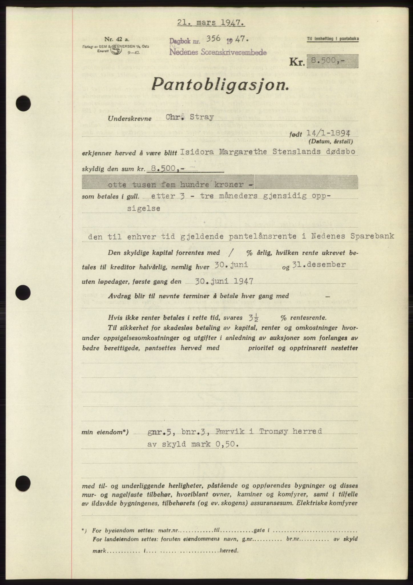 Nedenes sorenskriveri, AV/SAK-1221-0006/G/Gb/Gbb/L0004: Pantebok nr. B4, 1947-1947, Dagboknr: 356/1947
