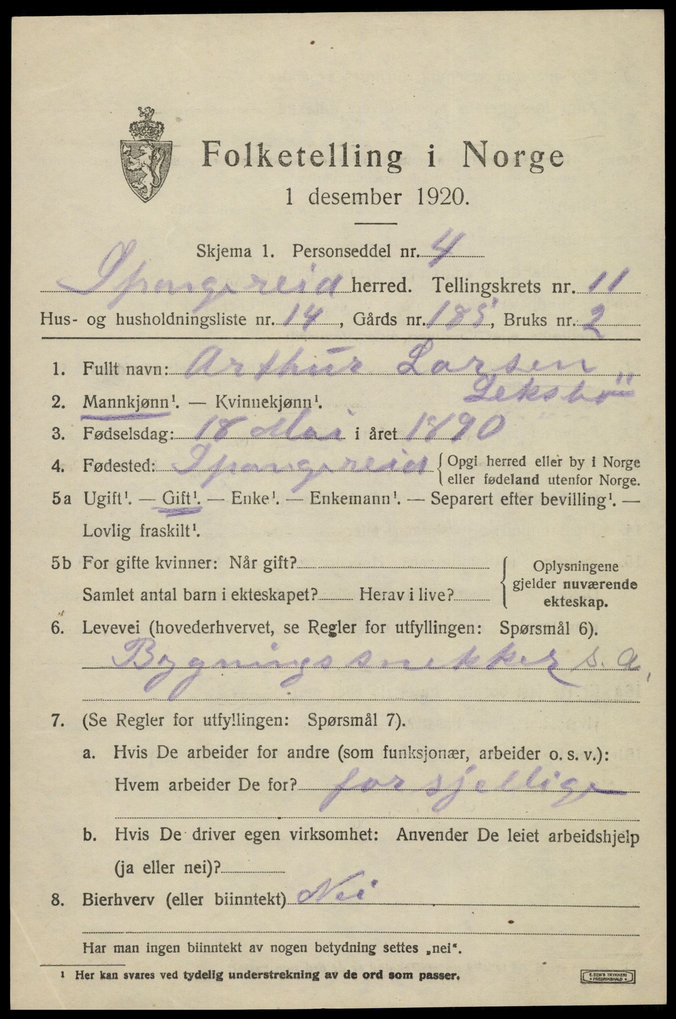 SAK, Folketelling 1920 for 1030 Spangereid herred, 1920, s. 3803