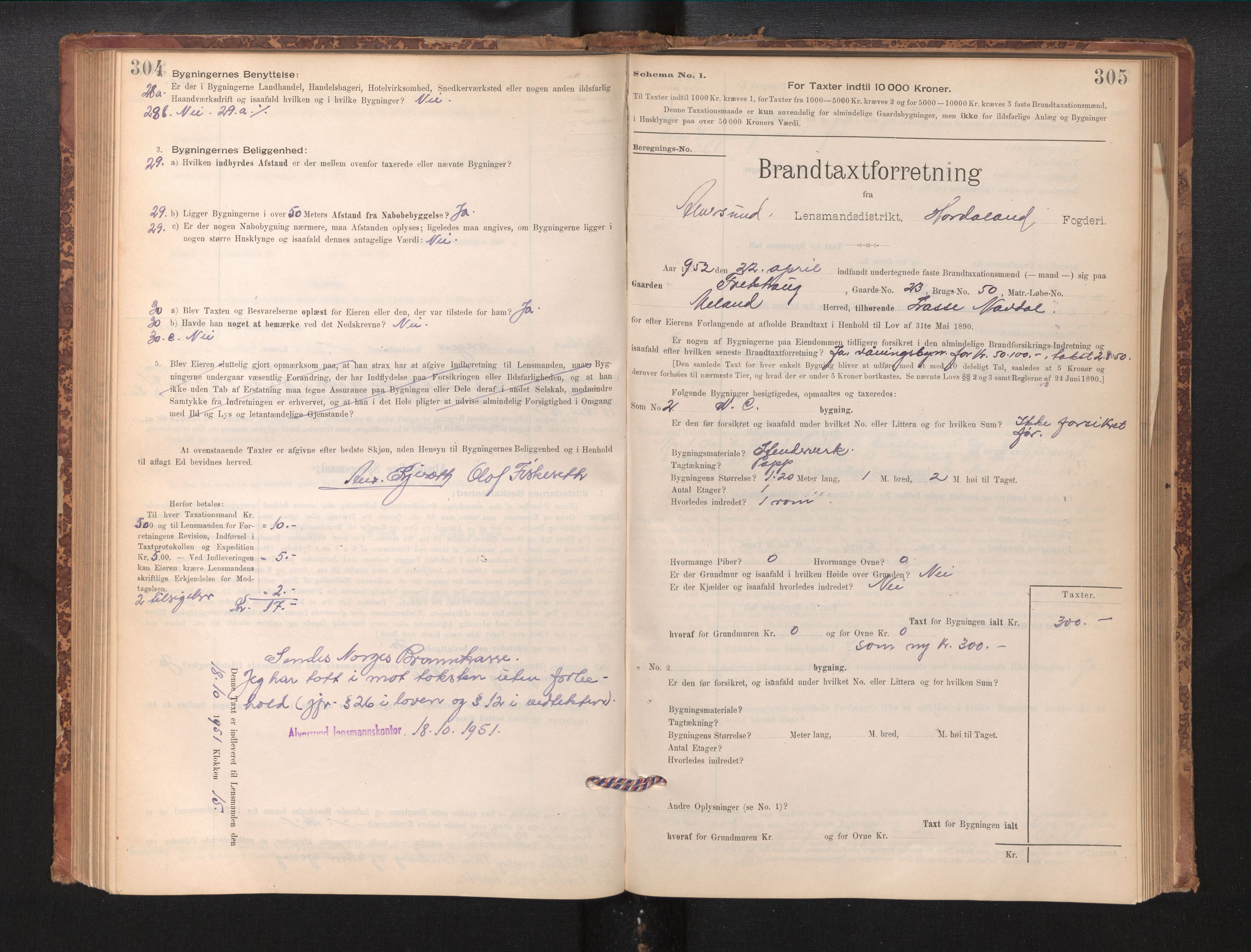 Lensmannen i Alversund, SAB/A-30701/0012/L0004: Branntakstprotokoll, skjematakst, 1894-1953, s. 304-305
