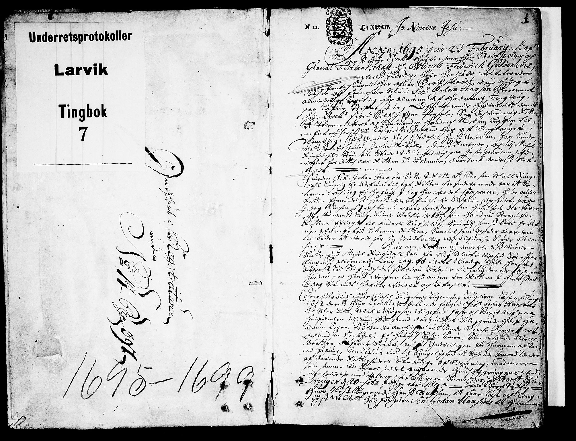 Larvik sorenskriveri, SAKO/A-83/F/Fa/L0007: Tingbok, 1695-1699, s. 1