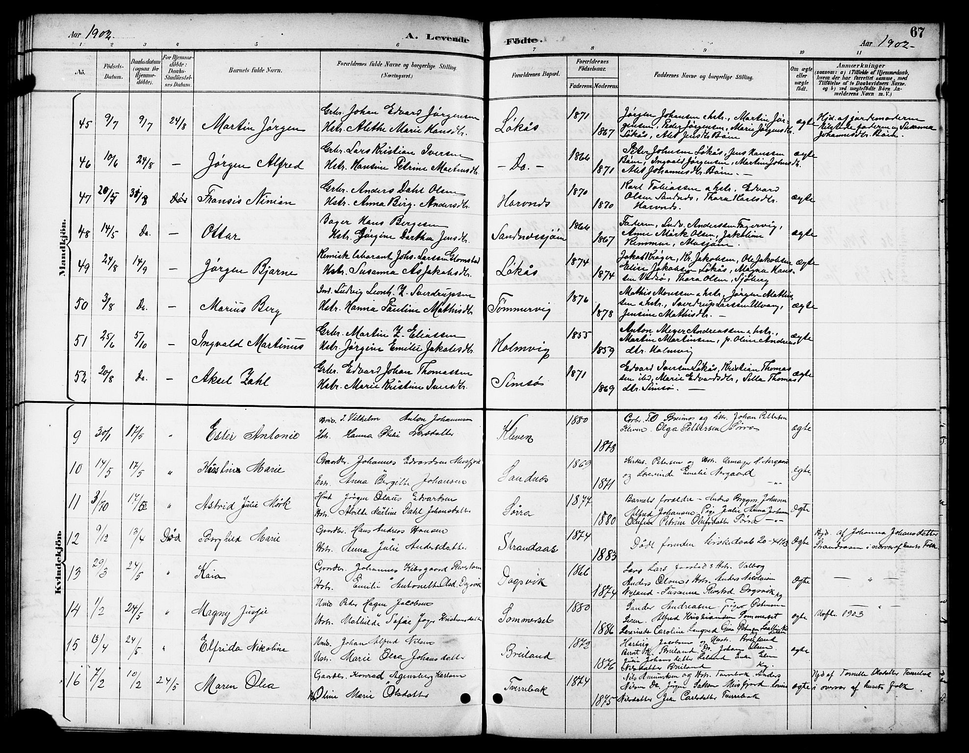 Ministerialprotokoller, klokkerbøker og fødselsregistre - Nordland, AV/SAT-A-1459/831/L0478: Klokkerbok nr. 831C05, 1892-1909, s. 67