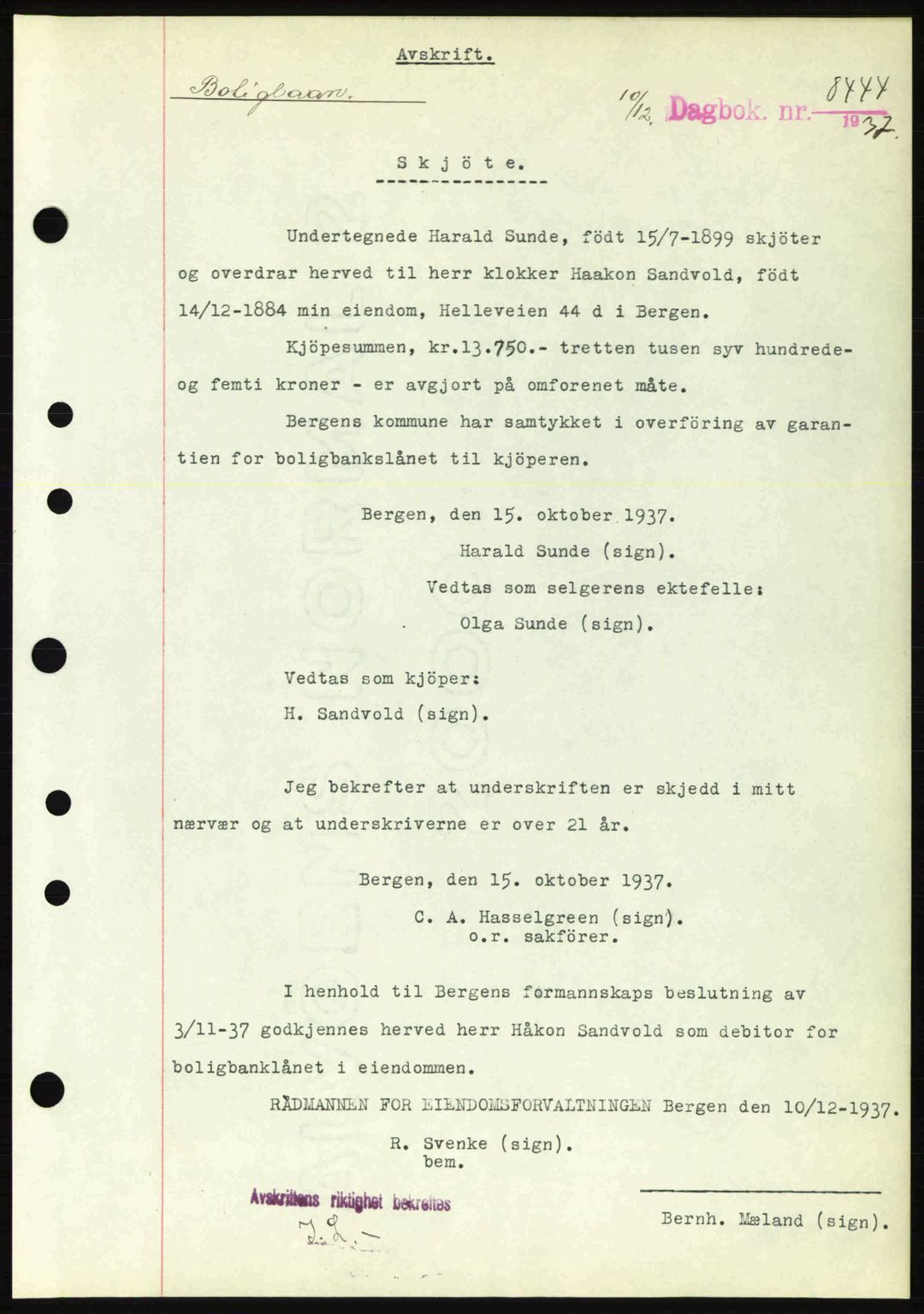 Byfogd og Byskriver i Bergen, SAB/A-3401/03/03Bc/L0006: Pantebok nr. A5, 1937-1938, Dagboknr: 8444/1937