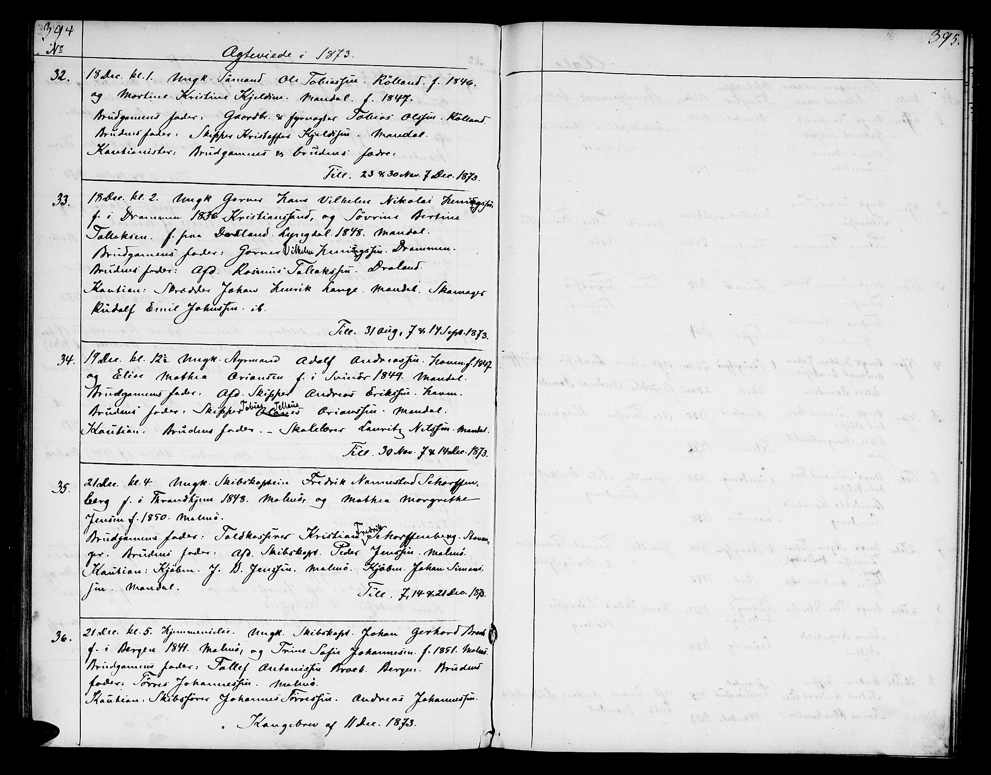 Mandal sokneprestkontor, AV/SAK-1111-0030/F/Fb/Fba/L0009: Klokkerbok nr. B 3, 1867-1877, s. 394-395