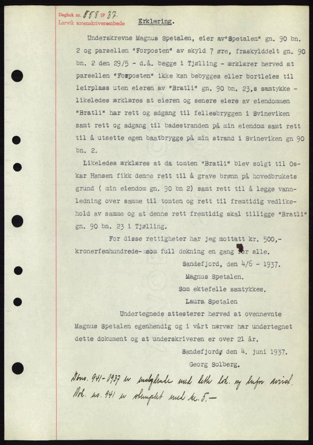 Larvik sorenskriveri, SAKO/A-83/G/Ga/Gab/L0067: Pantebok nr. A-1, 1936-1937, Dagboknr: 858/1937