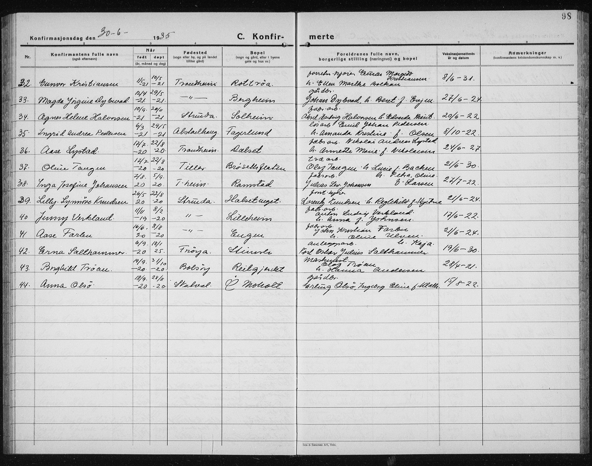 Ministerialprotokoller, klokkerbøker og fødselsregistre - Sør-Trøndelag, AV/SAT-A-1456/607/L0327: Klokkerbok nr. 607C01, 1930-1939, s. 98