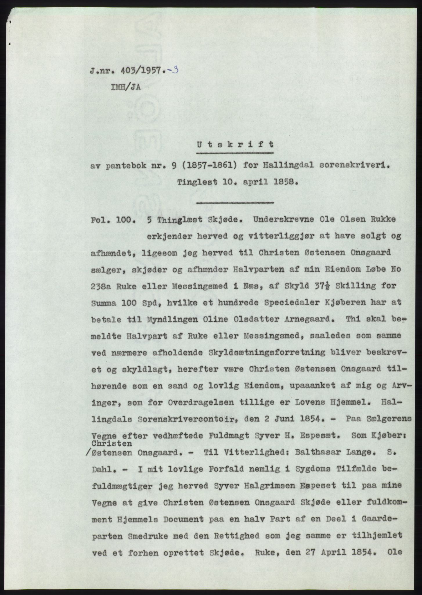 Statsarkivet i Kongsberg, AV/SAKO-A-0001/E/Ee/L0009: Avskrifter, SAO jnr. 354/1957 - 770/1957, 1957, s. 46