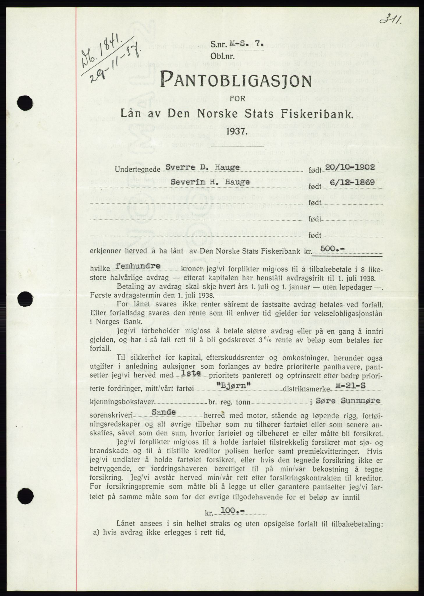 Søre Sunnmøre sorenskriveri, SAT/A-4122/1/2/2C/L0064: Pantebok nr. 58, 1937-1938, Dagboknr: 1841/1937