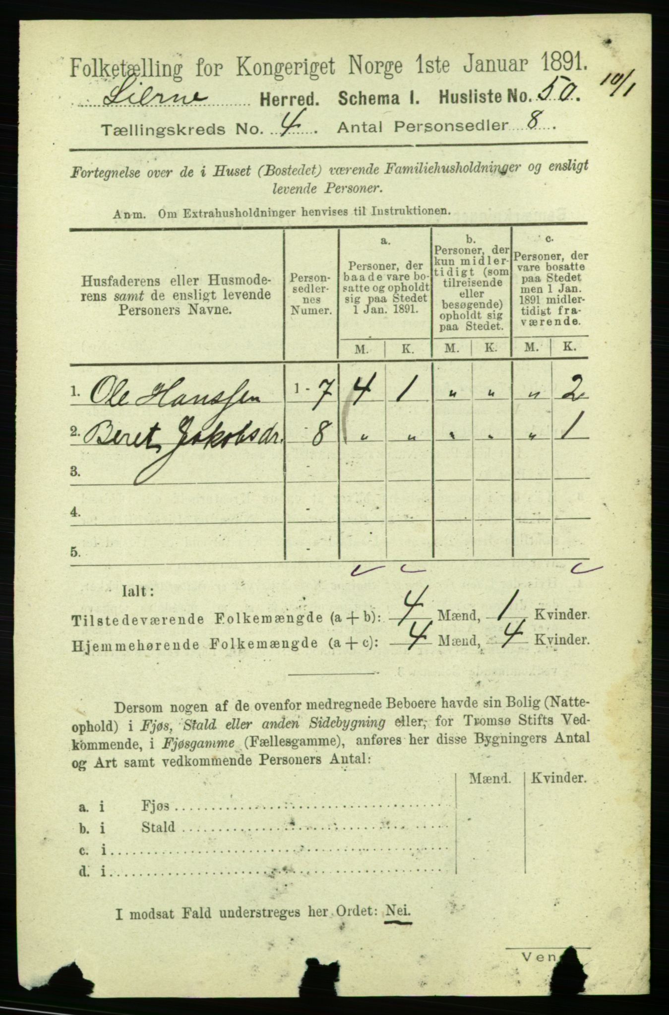 RA, Folketelling 1891 for 1737 Lierne herred, 1891, s. 1024