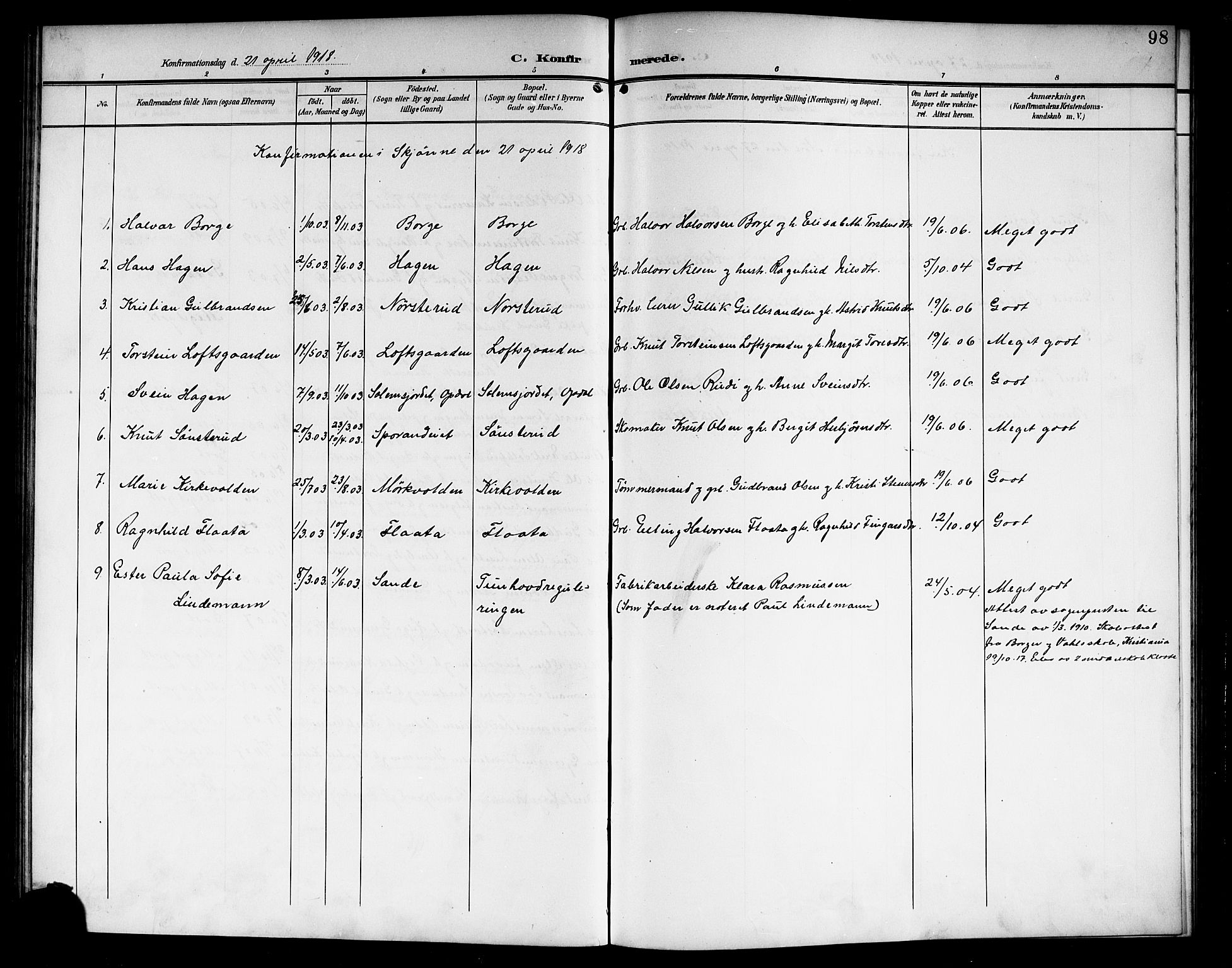 Nore kirkebøker, AV/SAKO-A-238/G/Ga/L0004: Klokkerbok nr. I 4, 1904-1919, s. 98