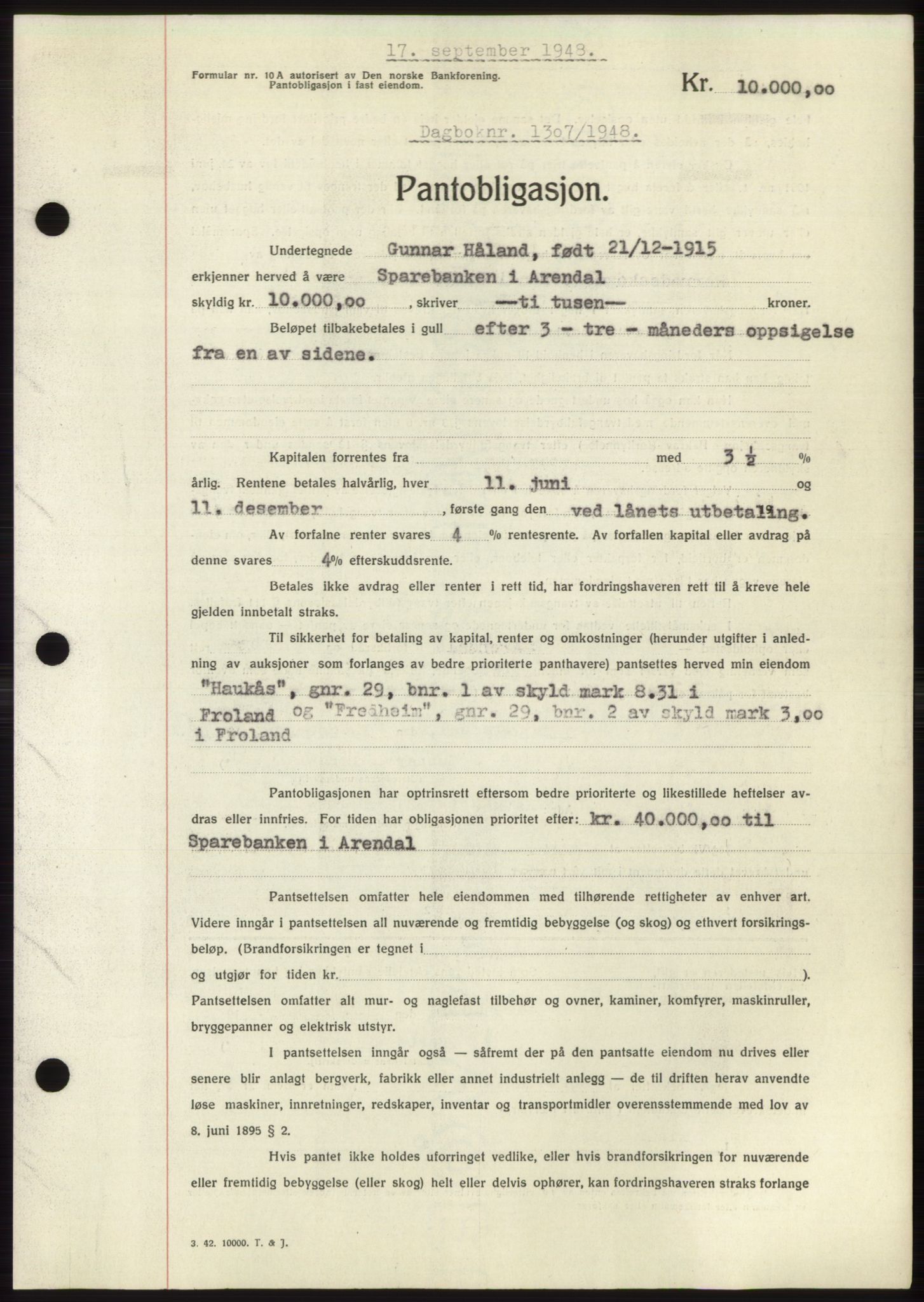 Nedenes sorenskriveri, AV/SAK-1221-0006/G/Gb/Gbb/L0005: Pantebok nr. B5, 1948-1948, Dagboknr: 1307/1948