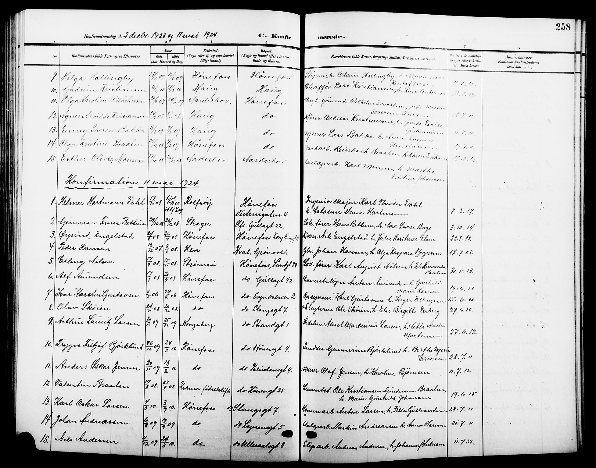 Hønefoss kirkebøker, AV/SAKO-A-609/G/Ga/L0003: Klokkerbok nr. 3, 1905-1925, s. 258
