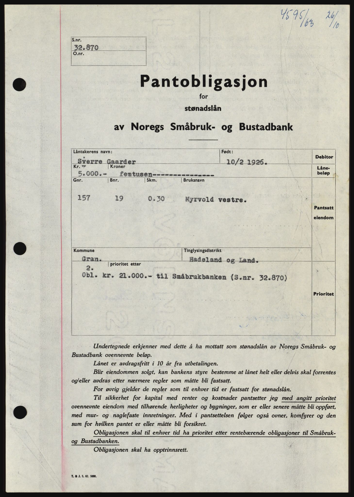 Hadeland og Land tingrett, SAH/TING-010/H/Hb/Hbc/L0053: Pantebok nr. B53, 1963-1964, Dagboknr: 4595/1963