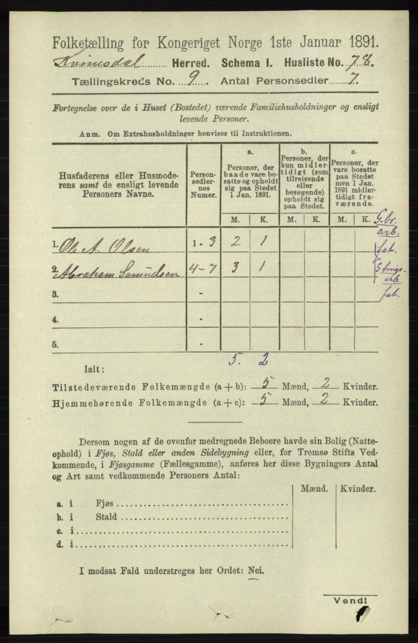 RA, Folketelling 1891 for 1037 Kvinesdal herred, 1891, s. 3286