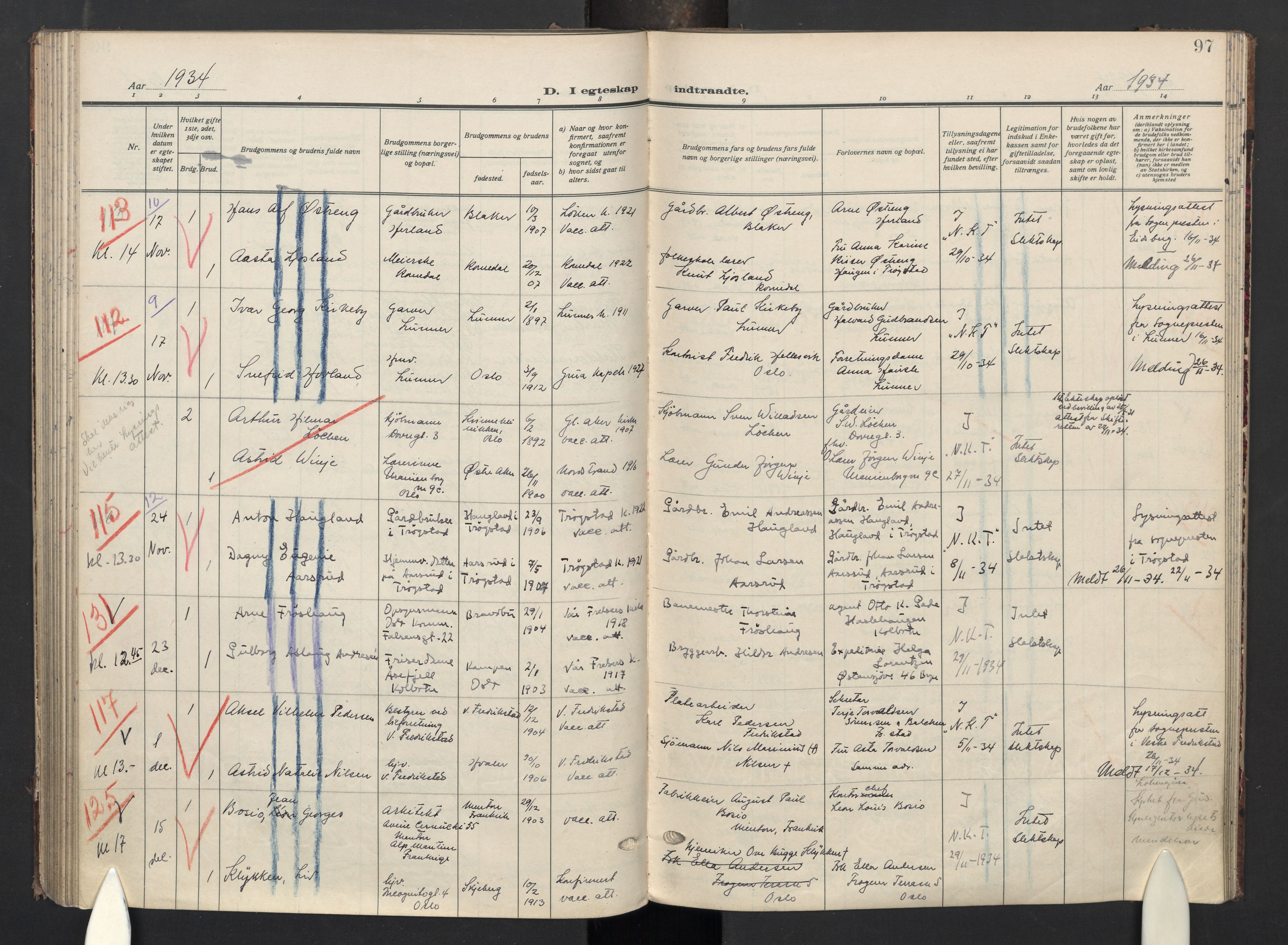 Oslo domkirke Kirkebøker, AV/SAO-A-10752/G/Ga/L0006: Klokkerbok nr. 6, 1930-1937, s. 97