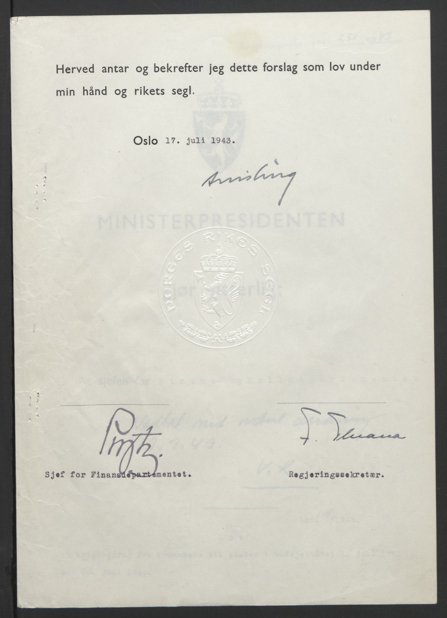 NS-administrasjonen 1940-1945 (Statsrådsekretariatet, de kommisariske statsråder mm), AV/RA-S-4279/D/Db/L0099: Lover, 1943, s. 508