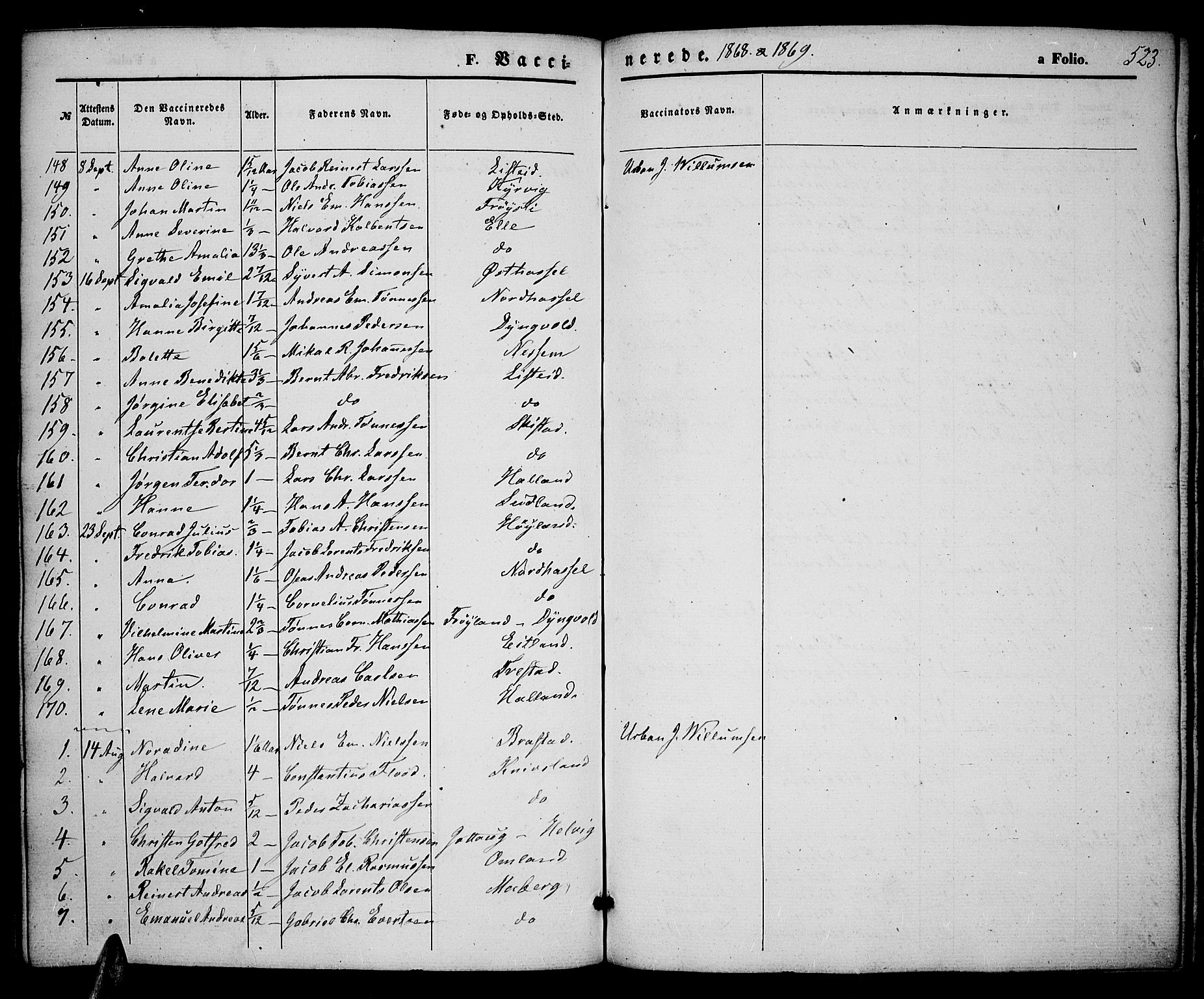 Lista sokneprestkontor, SAK/1111-0027/F/Fb/L0003: Klokkerbok nr. B 3, 1862-1877, s. 523