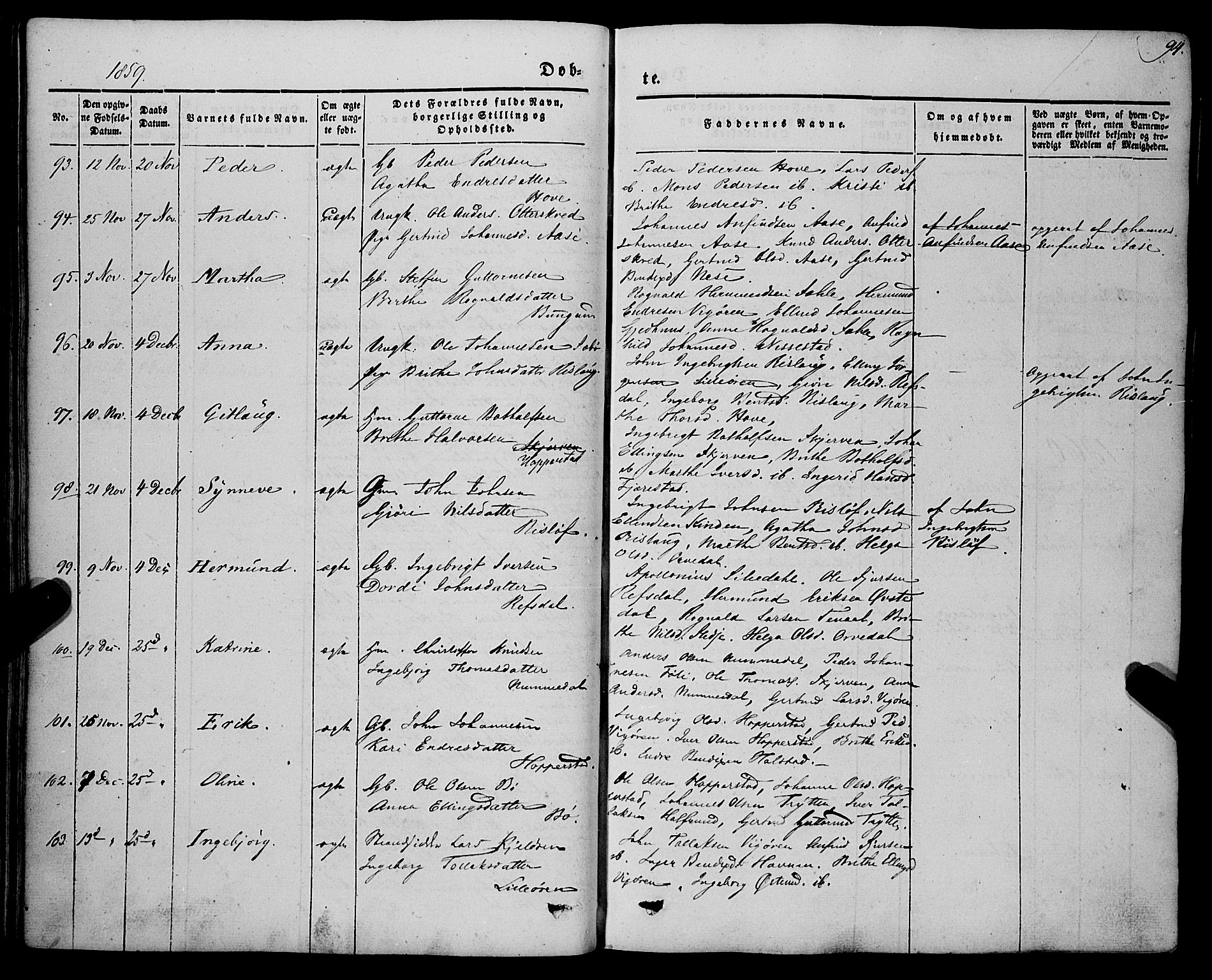 Vik sokneprestembete, AV/SAB-A-81501/H/Haa/Haaa/L0008: Ministerialbok nr. A 8, 1846-1865, s. 94