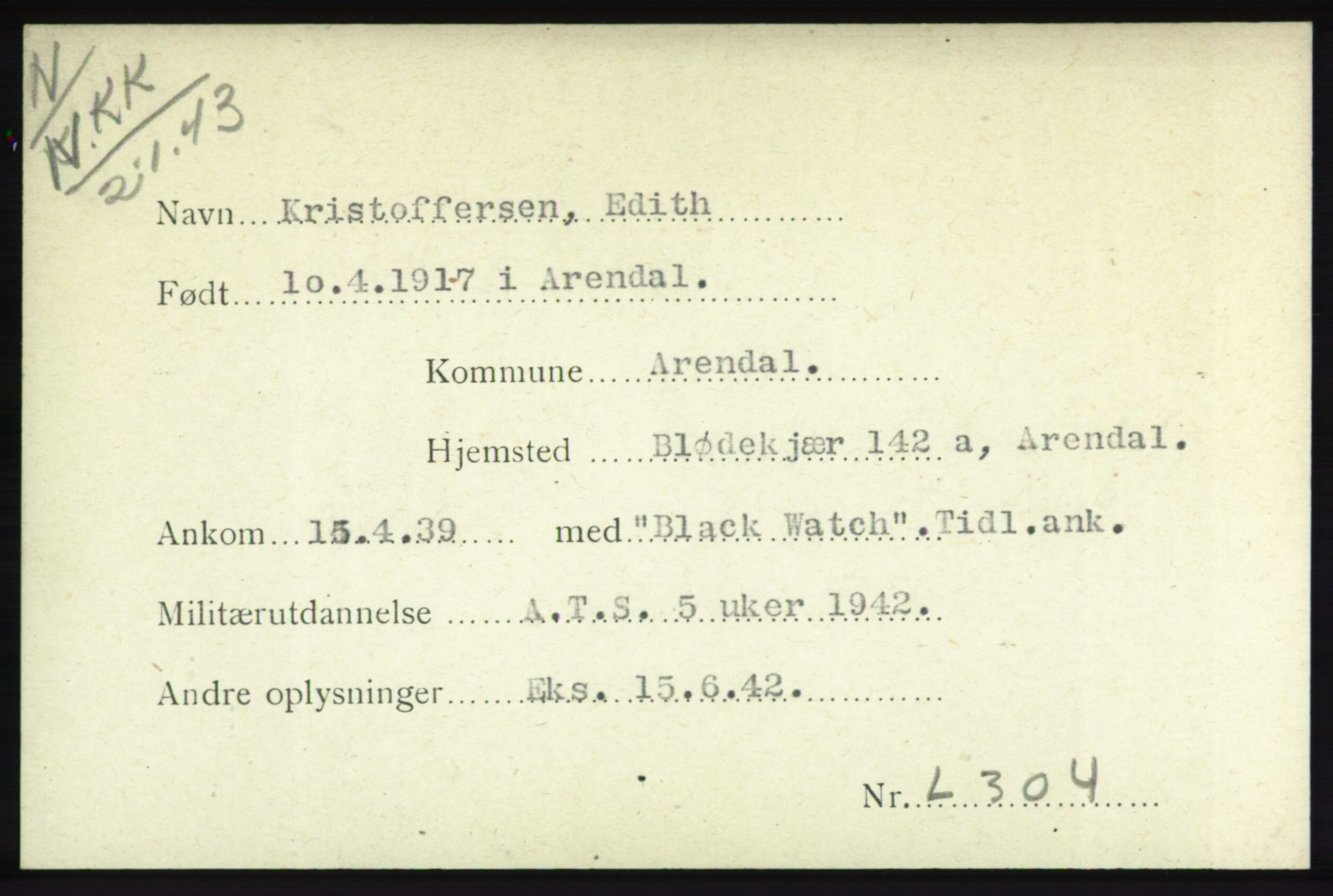 Forsvarets Overkommando. 2. kontor. Arkiv 8.1. Mottakersentralen FDE og FO.II, RA/RAFA-6952/P/Pa/L0012: Kristoffersen - Lindstedt , 1940-1945, s. 4
