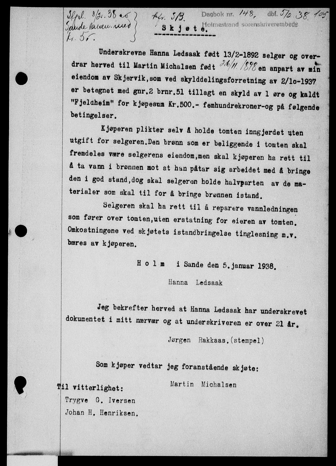 Holmestrand sorenskriveri, SAKO/A-67/G/Ga/Gaa/L0049: Pantebok nr. A-49, 1937-1938, Dagboknr: 148/1938
