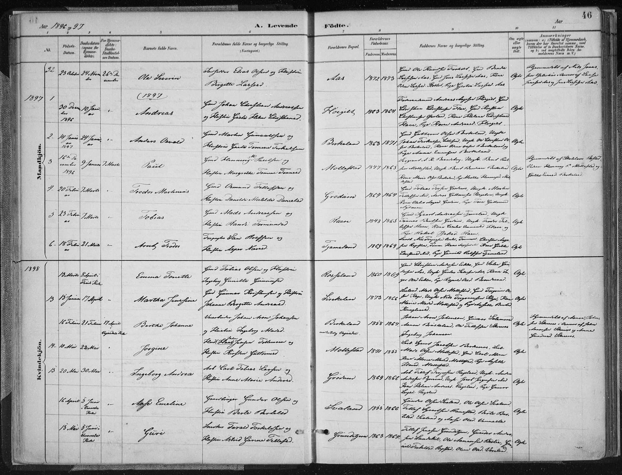 Birkenes sokneprestkontor, AV/SAK-1111-0004/F/Fa/L0005: Ministerialbok nr. A 5, 1887-1907, s. 46