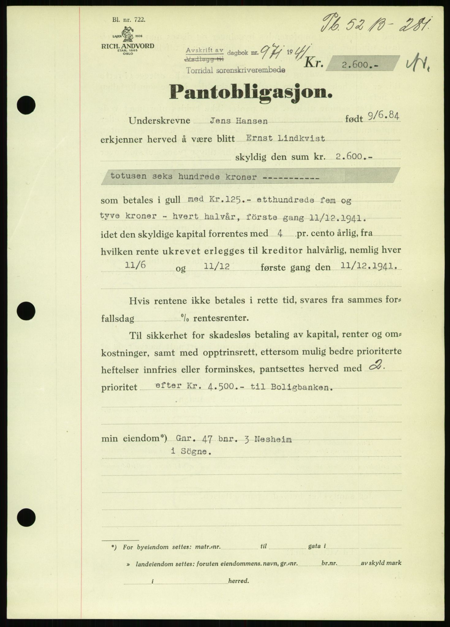 Torridal sorenskriveri, SAK/1221-0012/G/Gb/Gbb/L0008: Pantebok nr. 52b, 1940-1942, Dagboknr: 971/1941