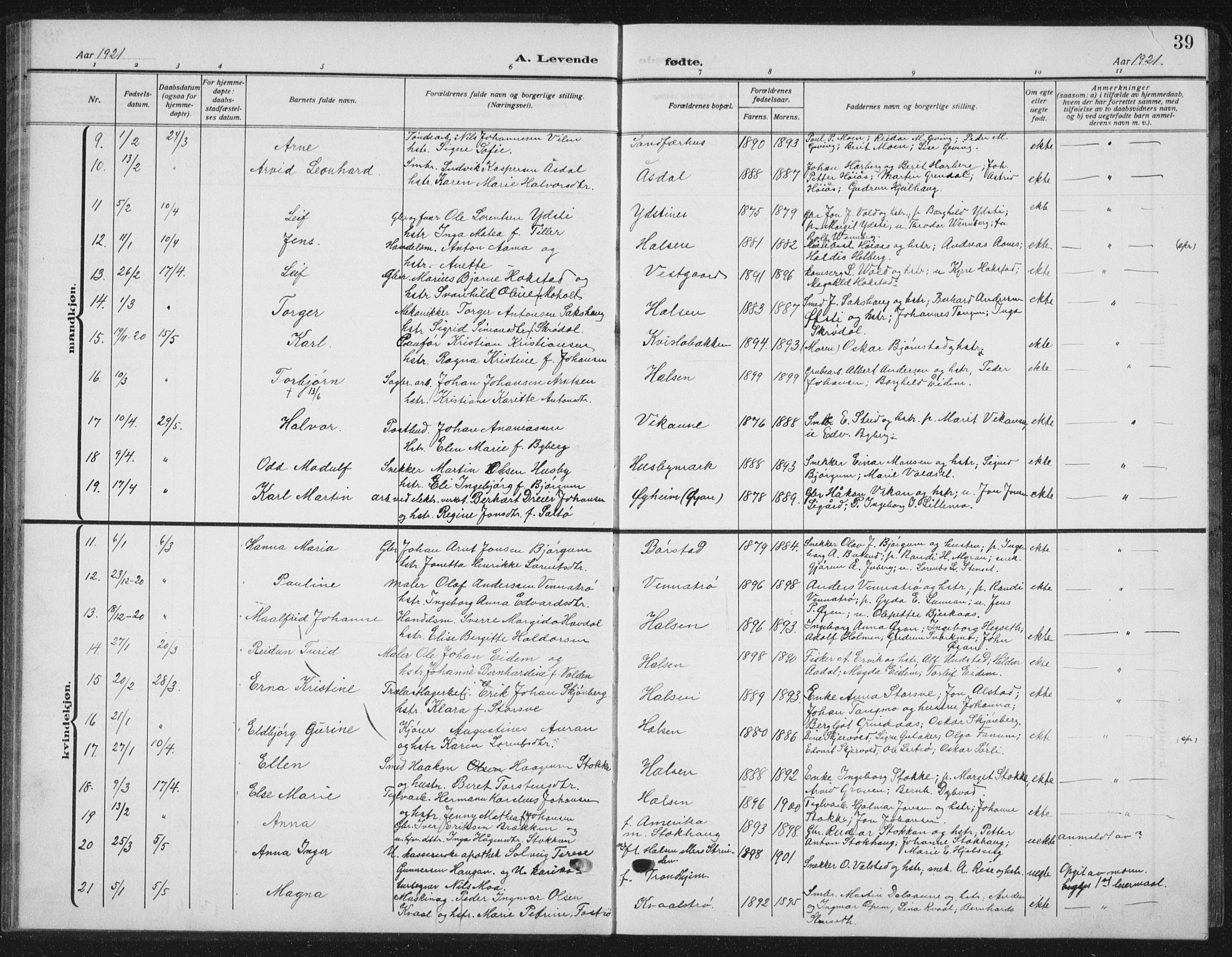 Ministerialprotokoller, klokkerbøker og fødselsregistre - Nord-Trøndelag, AV/SAT-A-1458/709/L0088: Klokkerbok nr. 709C02, 1914-1934, s. 39