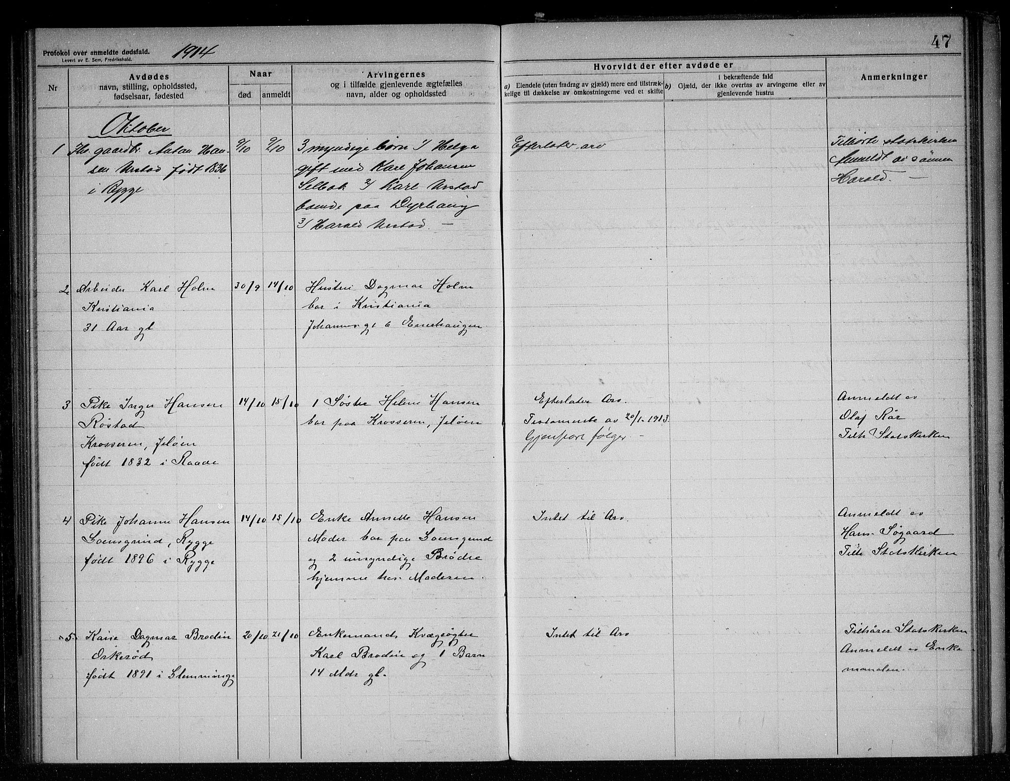 Rygge lensmannskontor, SAO/A-10005/H/Ha/Haa/L0005: Dødsfallsprotokoll, 1912-1916, s. 47