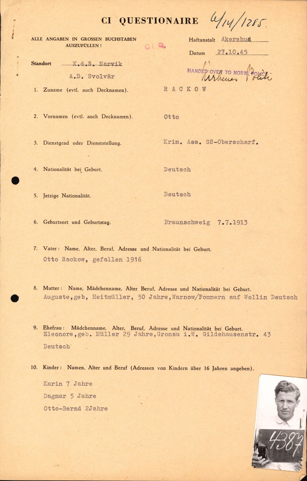 Forsvaret, Forsvarets overkommando II, AV/RA-RAFA-3915/D/Db/L0026: CI Questionaires. Tyske okkupasjonsstyrker i Norge. Tyskere., 1945-1946, s. 508