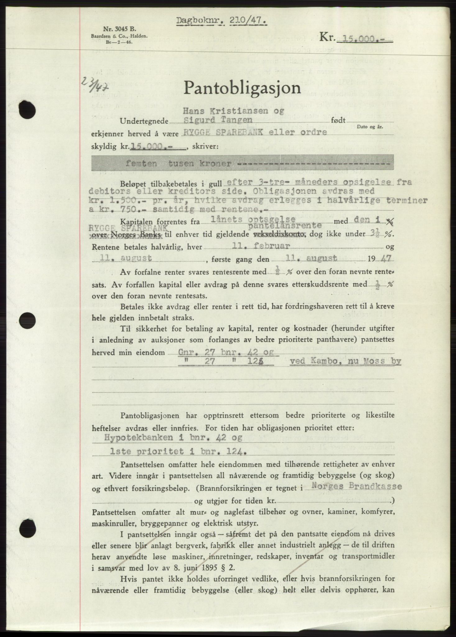 Moss sorenskriveri, SAO/A-10168: Pantebok nr. B16, 1946-1947, Dagboknr: 210/1947