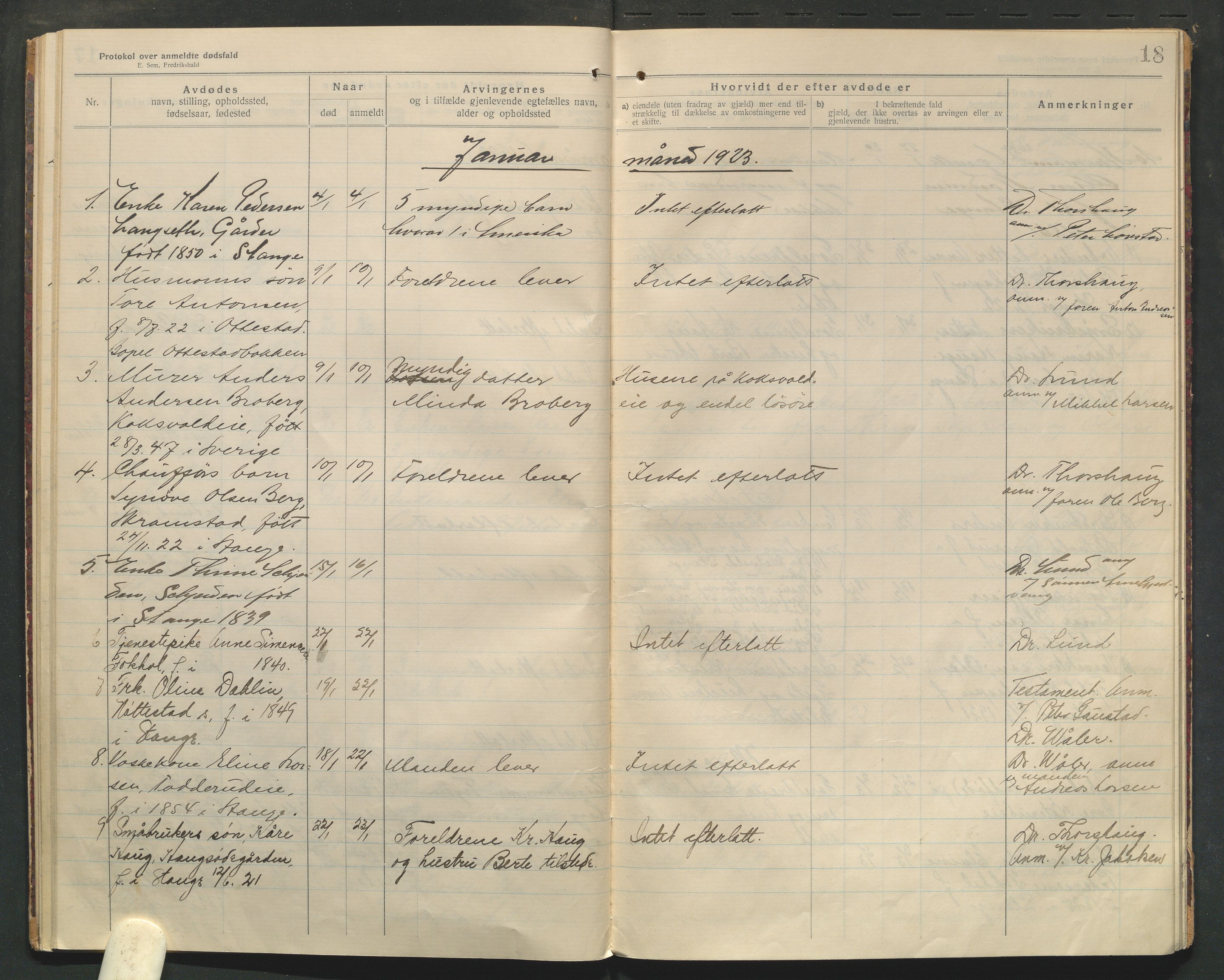 Stange lensmannskontor, SAH/LHS-020/H/Ha/Haa/L0001/0004: Dødsfallsprotokoller / Dødsfallsprotokoll, 1921-1925, s. 18
