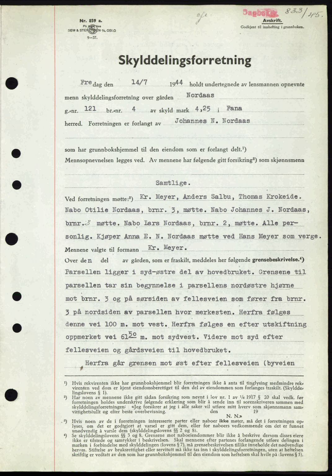Midhordland sorenskriveri, SAB/A-3001/1/G/Gb/Gbj/L0019: Pantebok nr. A37-38, 1944-1945, Dagboknr: 833/1945