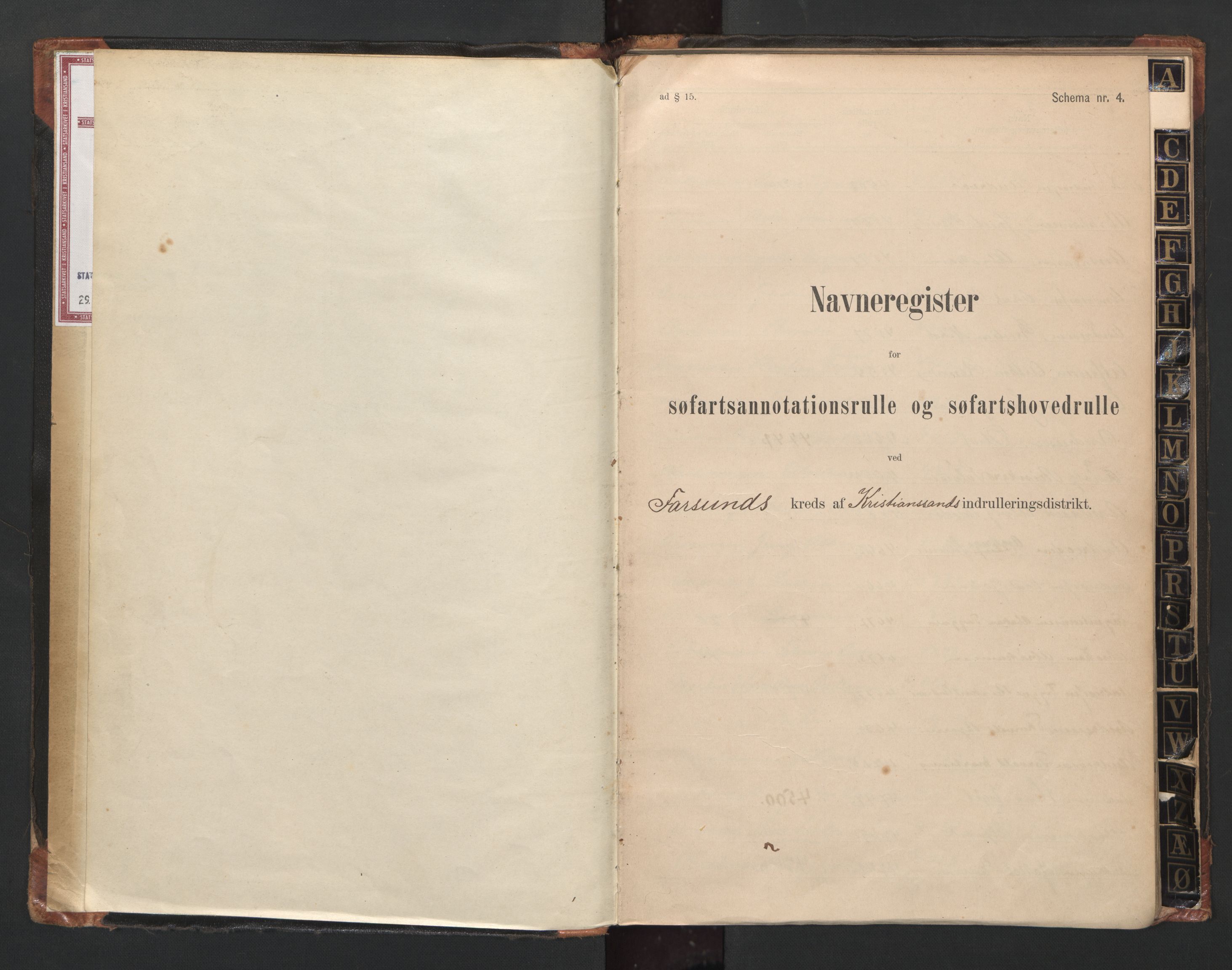 Farsund mønstringskrets, SAK/2031-0017/F/Fb/L0023: Register til annotasjonsrulle nr 4407-5293 og hovedrulle nr 4512-5311 etternavn, Z-15, 1890-1948, s. 3