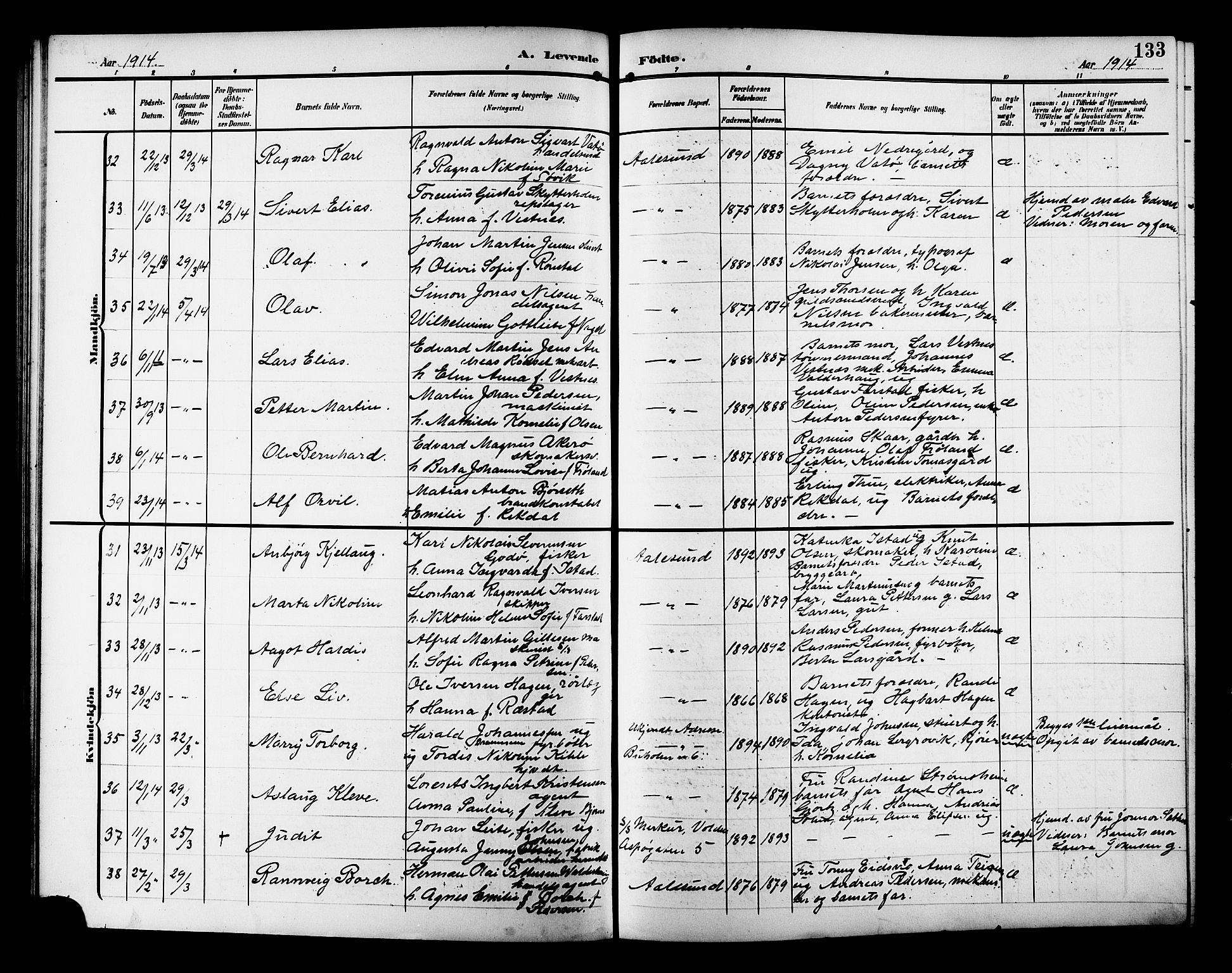 Ministerialprotokoller, klokkerbøker og fødselsregistre - Møre og Romsdal, AV/SAT-A-1454/529/L0471: Klokkerbok nr. 529C08, 1909-1921, s. 133