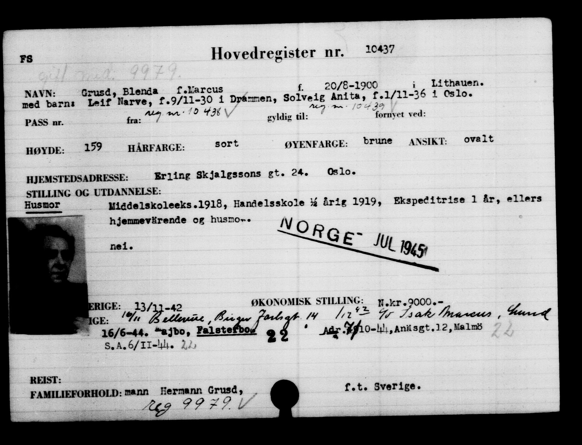 Utenriksstasjonene, Legasjonen i Stockholm, Flyktningkontoret, AV/RA-S-6753/V/Va/L0006: Kjesäterkartoteket, flyktninger med registreringsnr. 9400-12711, 1940-1945, s. 1190