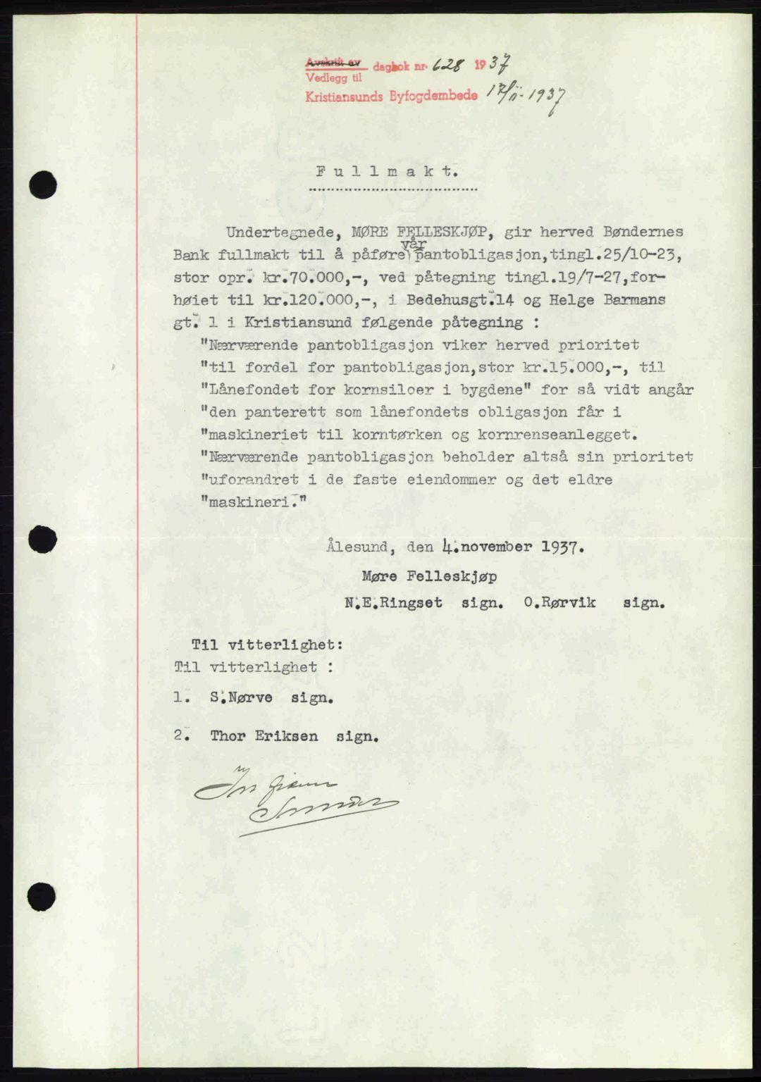 Kristiansund byfogd, AV/SAT-A-4587/A/27: Pantebok nr. 29, 1936-1937, Dagboknr: 628/1937