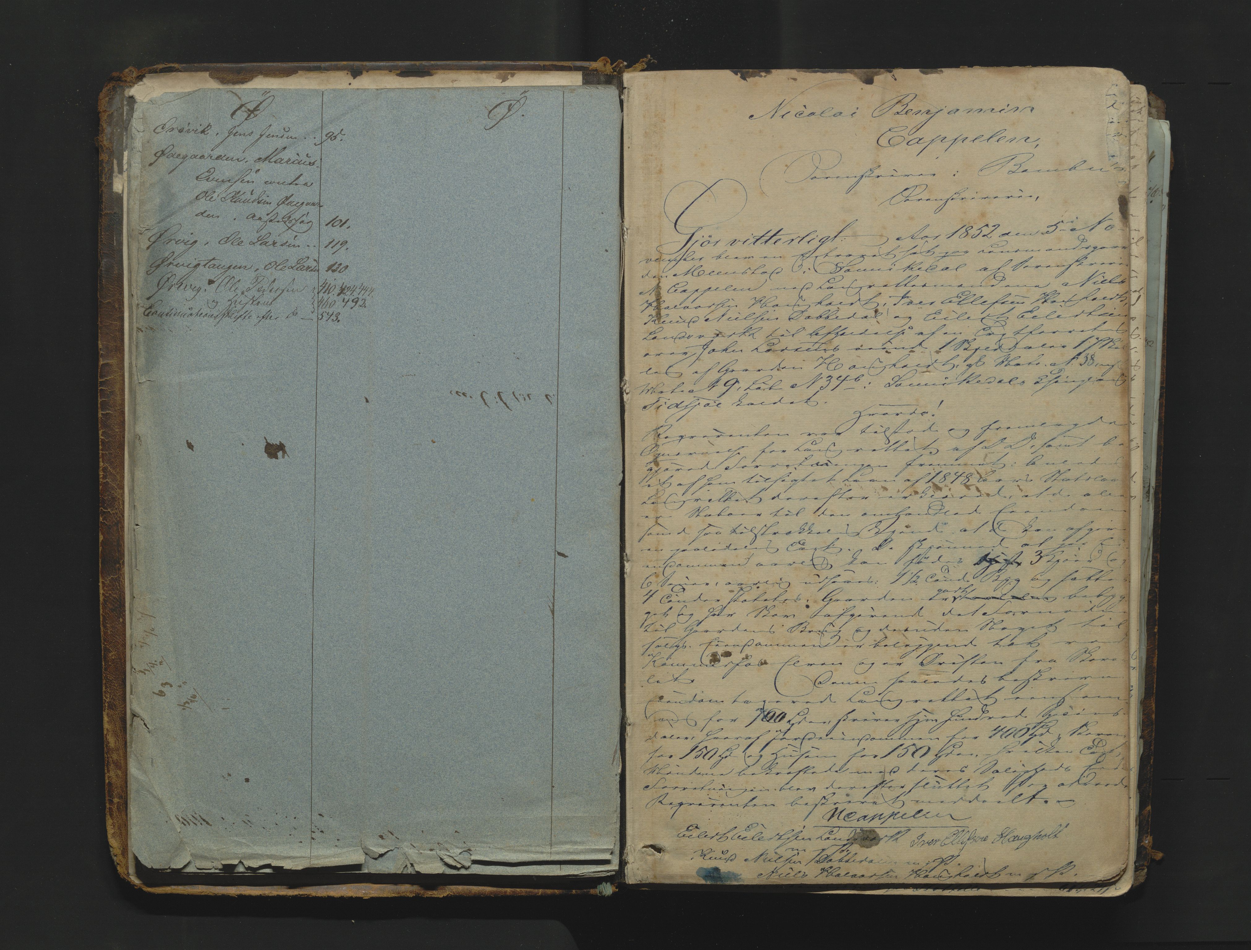 Bamble sorenskriveri, AV/SAKO-A-214/H/Hb/Hbc/L0003: Skifteforhandlingsprotokoll, 1852-1860, s. 1