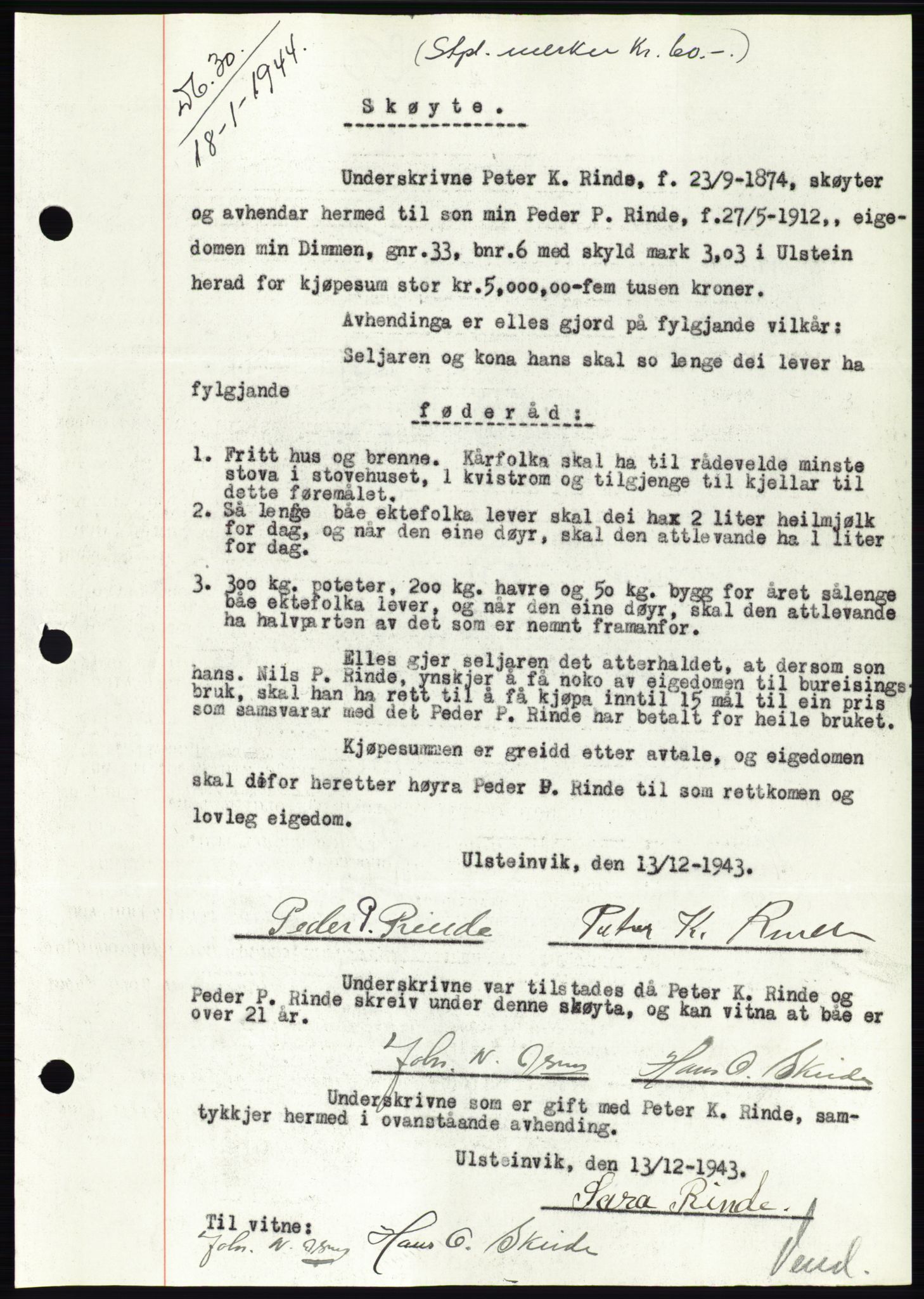 Søre Sunnmøre sorenskriveri, SAT/A-4122/1/2/2C/L0076: Pantebok nr. 2A, 1943-1944, Dagboknr: 30/1944