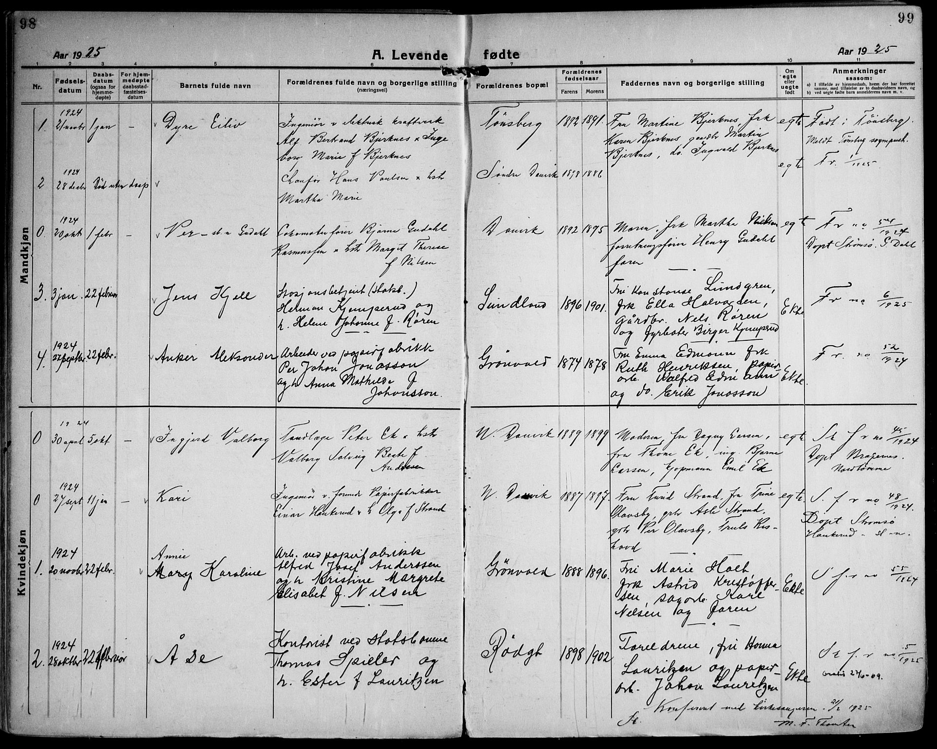 Strømsgodset kirkebøker, AV/SAKO-A-324/F/Fa/L0003: Ministerialbok nr. 3, 1920-1936, s. 98-99