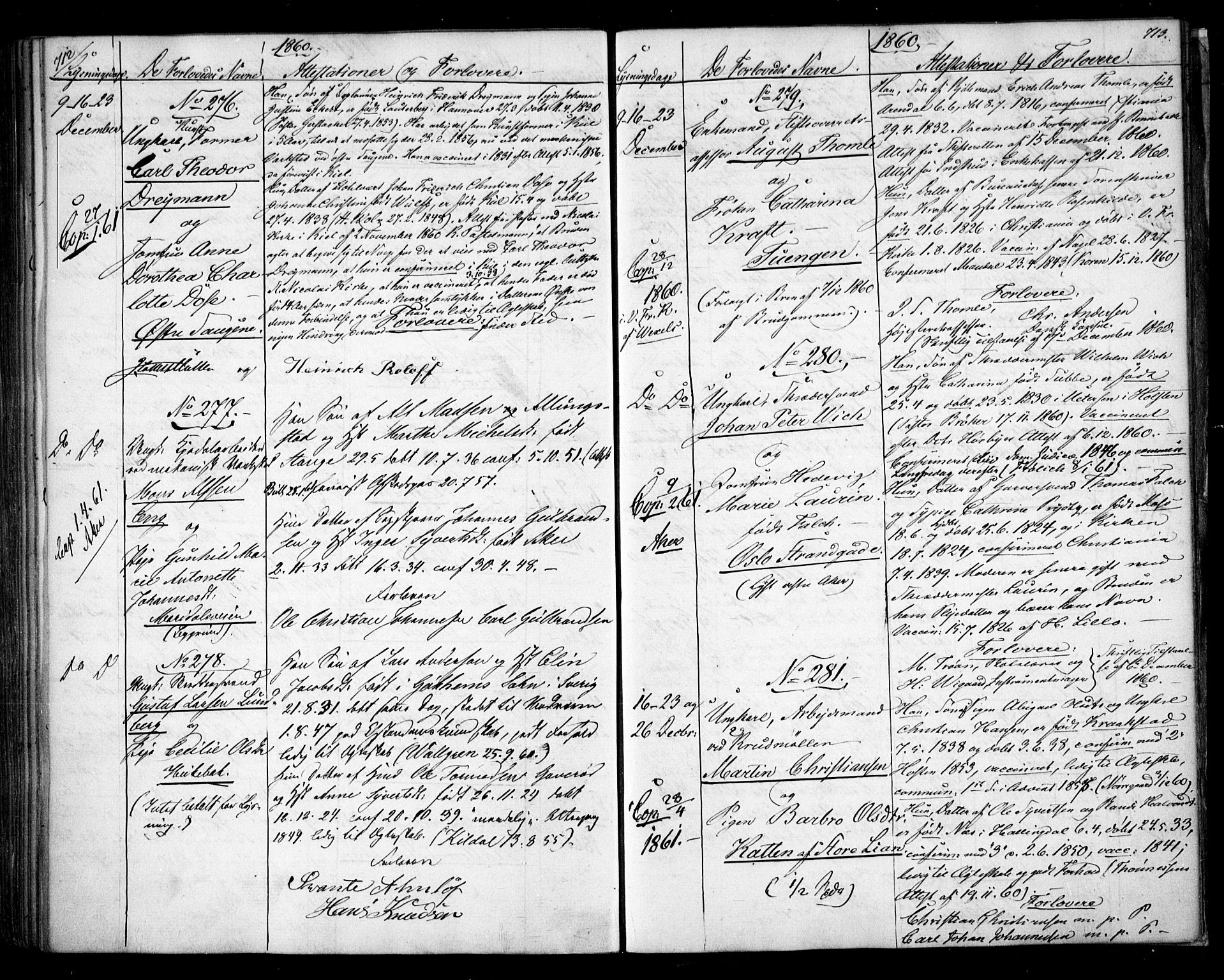 Aker prestekontor kirkebøker, AV/SAO-A-10861/H/L0005: Lysningsprotokoll nr. 5, 1853-1864, s. 712-713