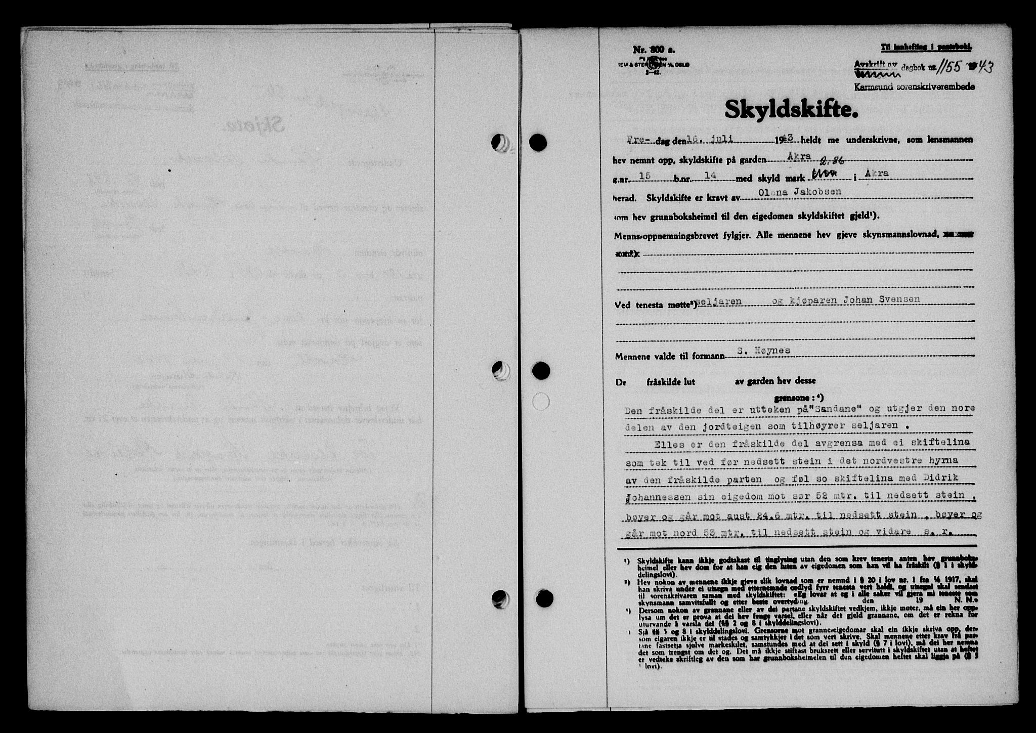 Karmsund sorenskriveri, SAST/A-100311/01/II/IIB/L0080: Pantebok nr. 61A, 1943-1943, Dagboknr: 1155/1943
