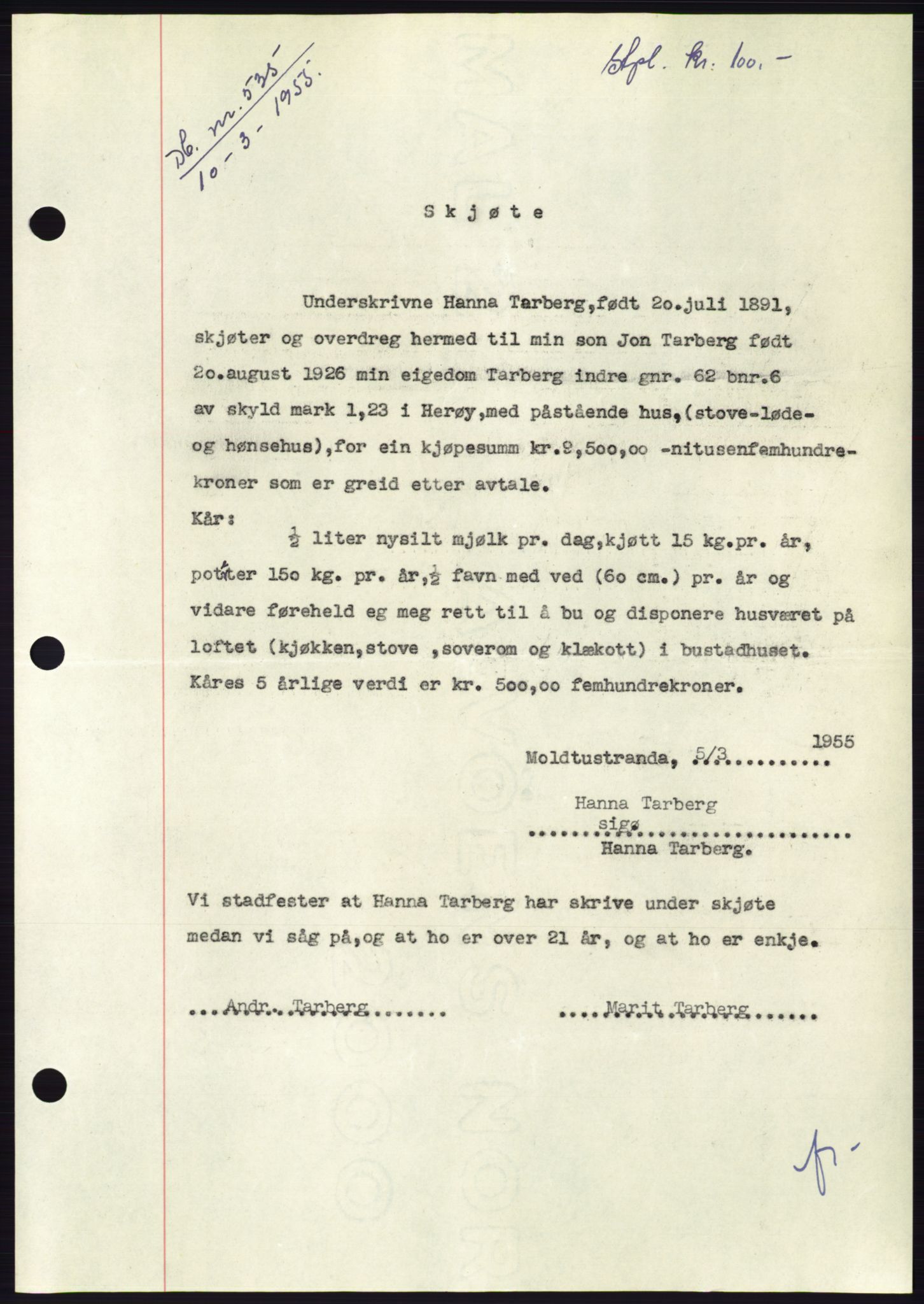Søre Sunnmøre sorenskriveri, SAT/A-4122/1/2/2C/L0100: Pantebok nr. 26A, 1954-1955, Dagboknr: 535/1955