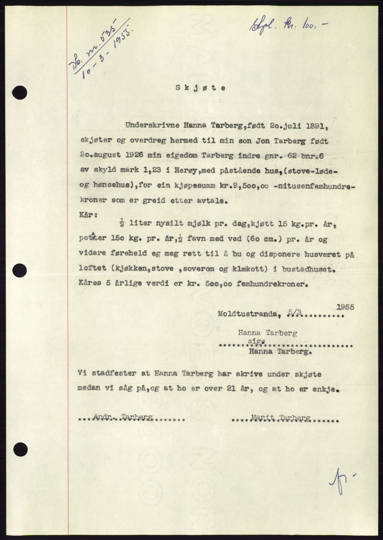 Søre Sunnmøre sorenskriveri, AV/SAT-A-4122/1/2/2C/L0100: Pantebok nr. 26A, 1954-1955, Dagboknr: 535/1955