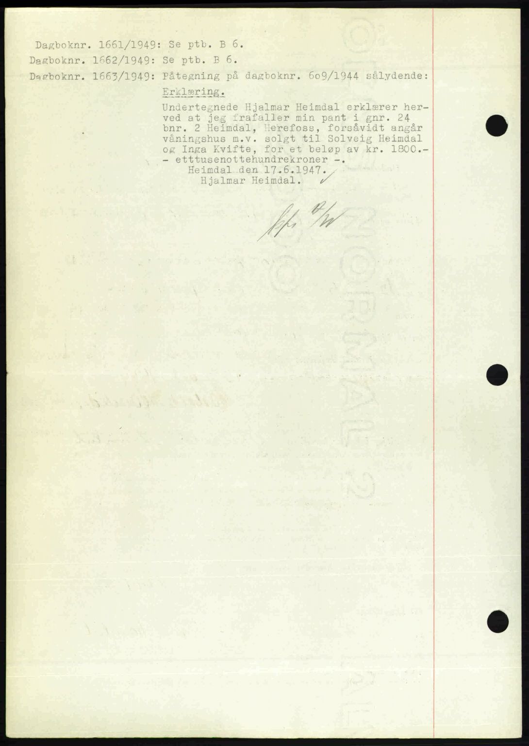 Nedenes sorenskriveri, AV/SAK-1221-0006/G/Gb/Gba/L0061: Pantebok nr. A13, 1949-1949, Dagboknr: 1661/1949