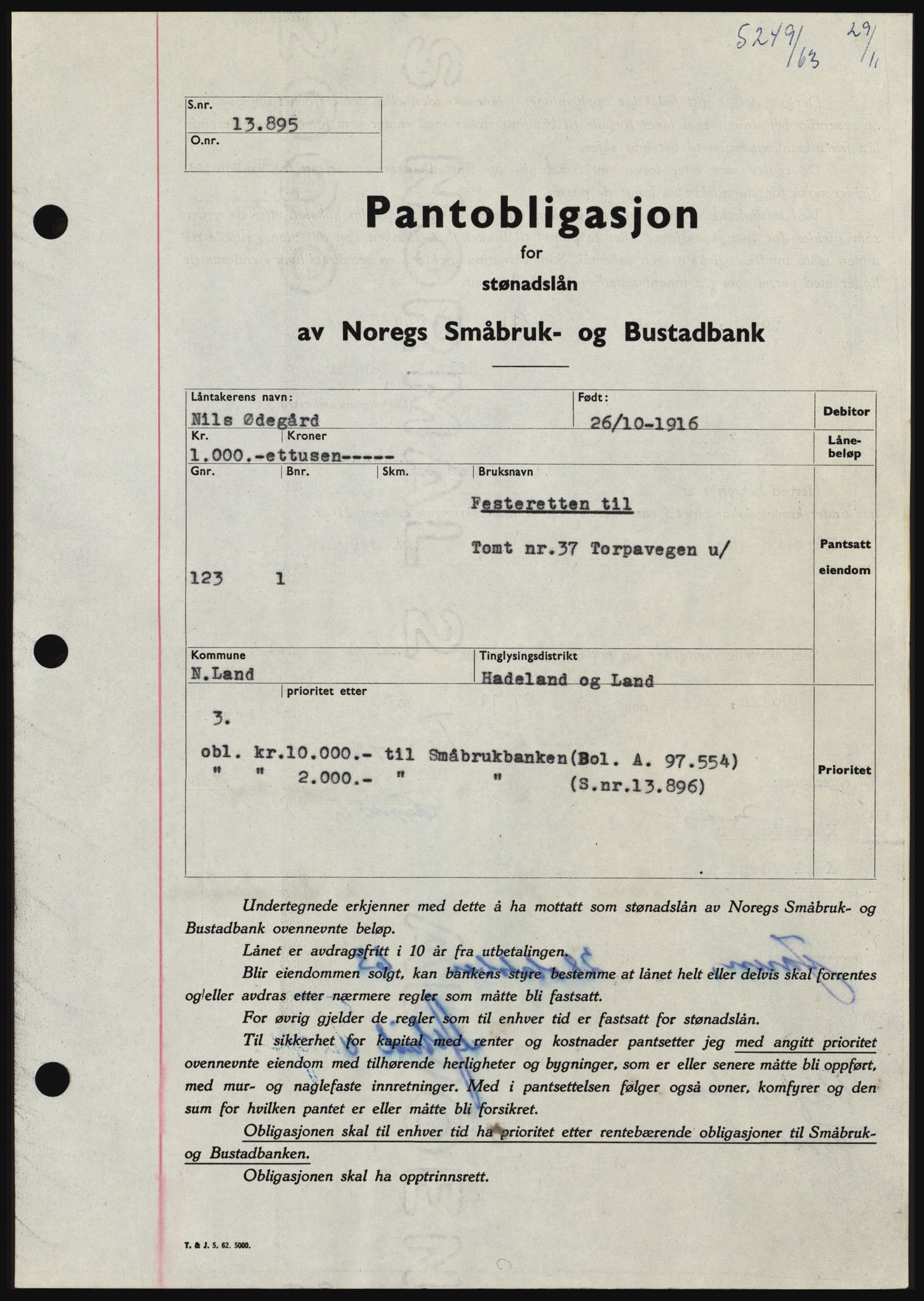 Hadeland og Land tingrett, SAH/TING-010/H/Hb/Hbc/L0053: Pantebok nr. B53, 1963-1964, Dagboknr: 5249/1963