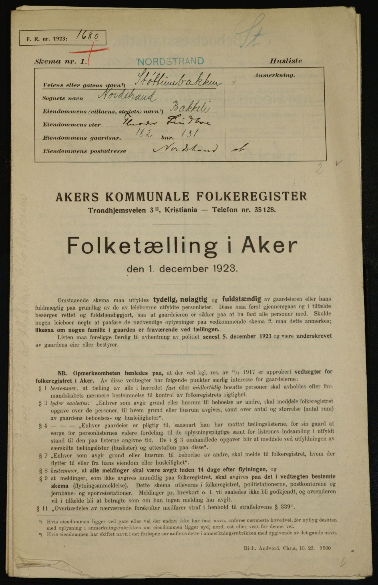 , Kommunal folketelling 1.12.1923 for Aker, 1923, s. 46182