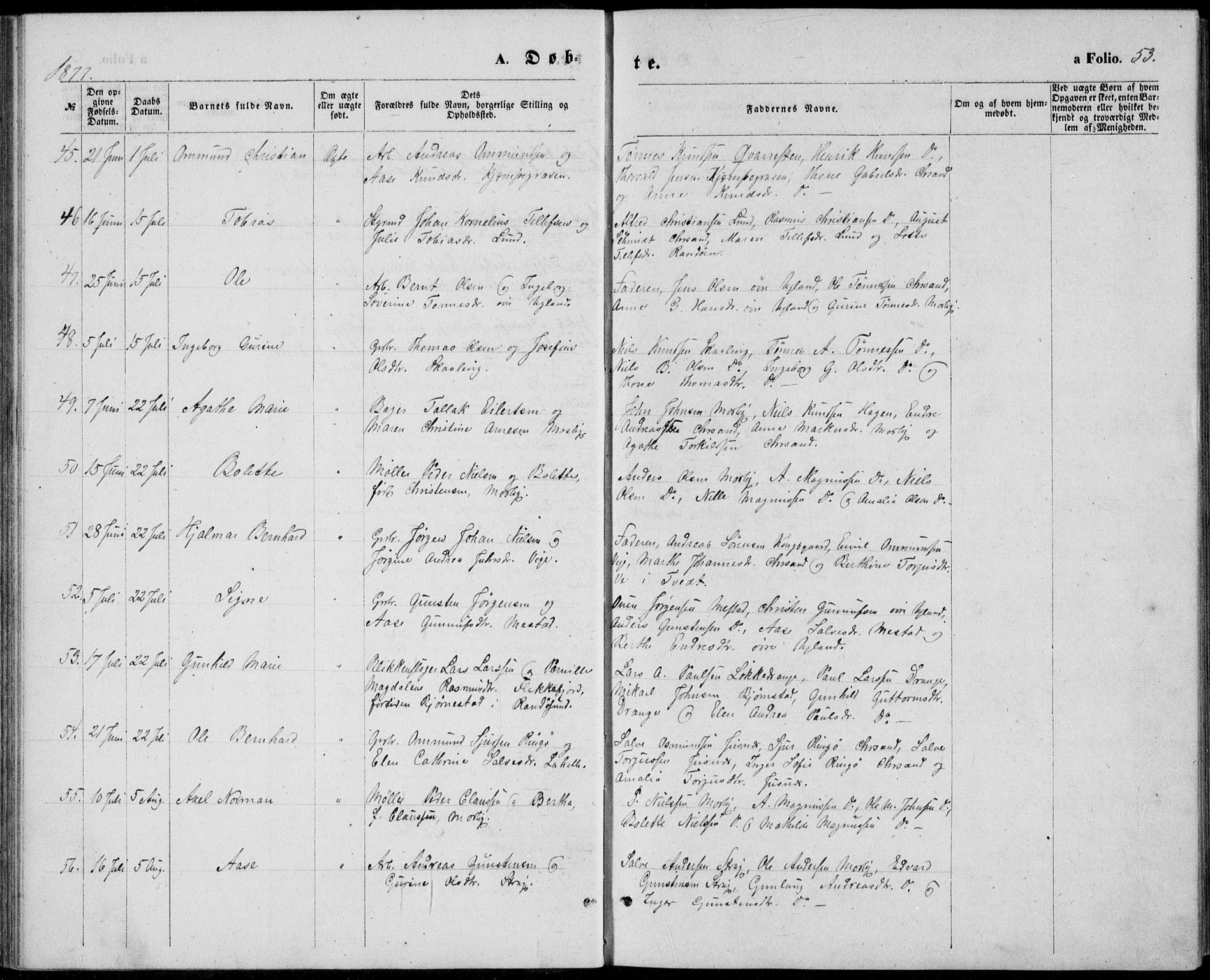 Oddernes sokneprestkontor, SAK/1111-0033/F/Fb/Fba/L0007: Klokkerbok nr. B 7, 1869-1887, s. 53