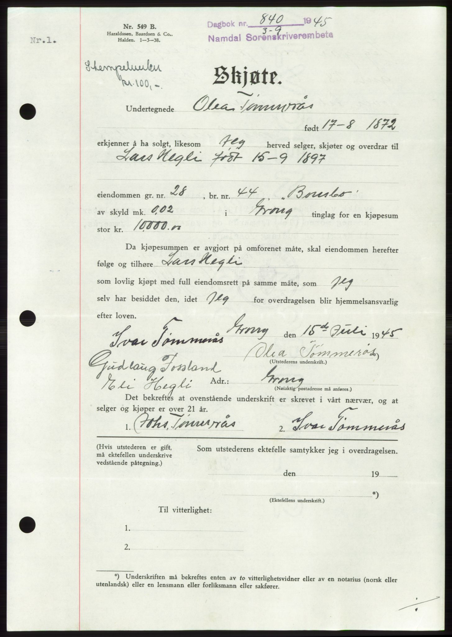 Namdal sorenskriveri, SAT/A-4133/1/2/2C: Pantebok nr. -, 1944-1945, Dagboknr: 840/1945
